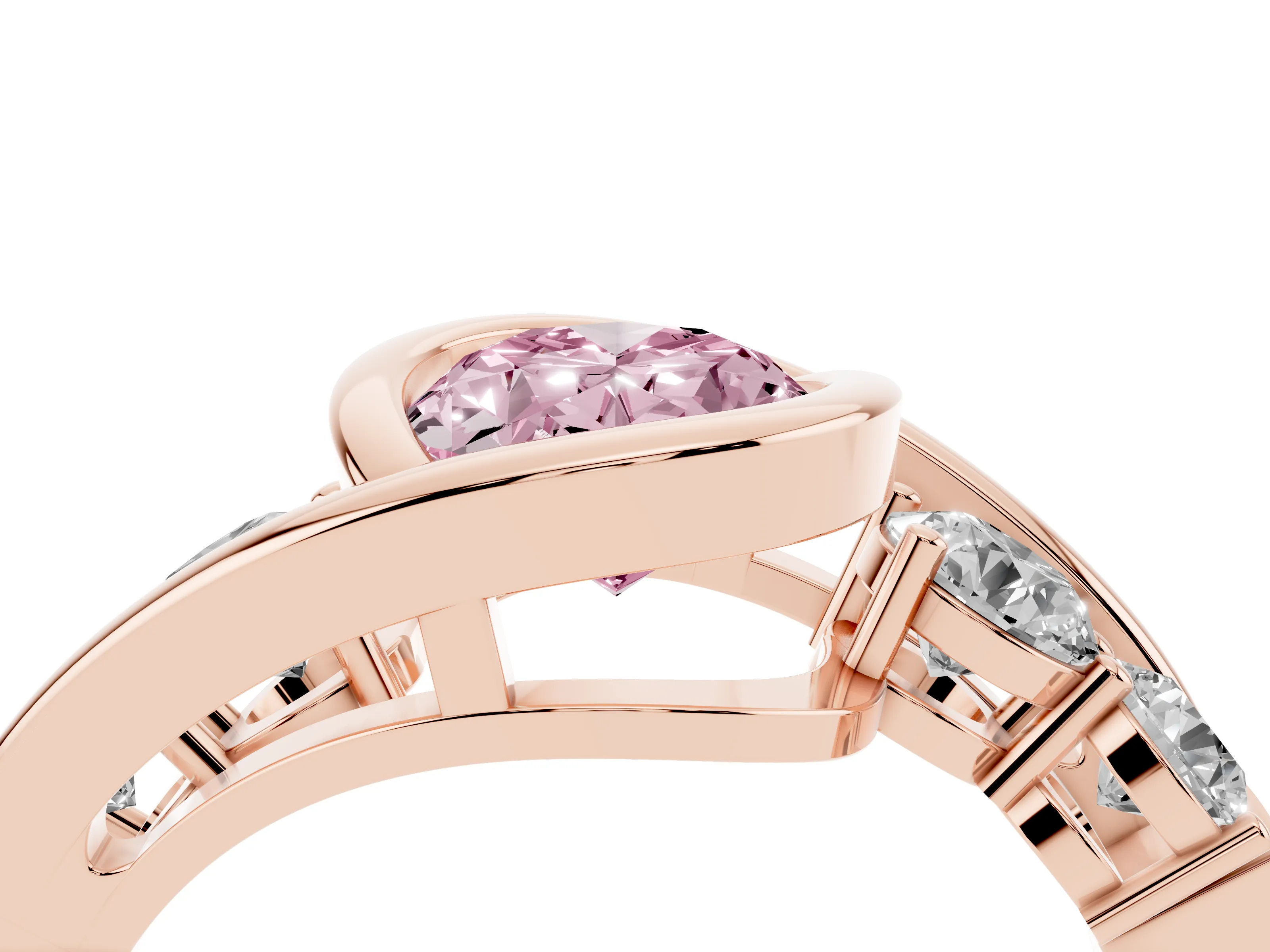 Fancy Pink Oval Cut Diamond Bezel Bypass Ring Set in Rose gold with Round Accents