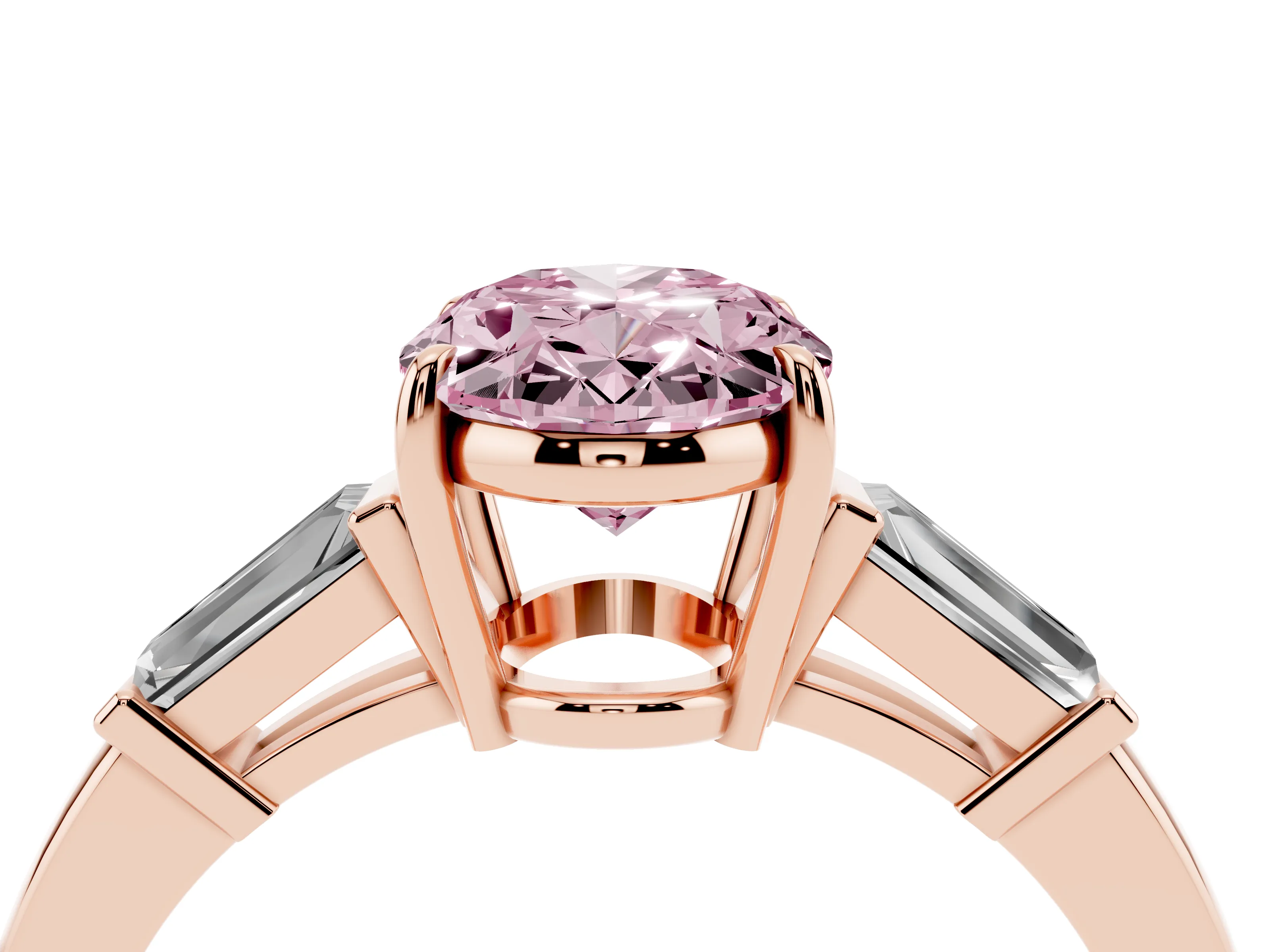 Fancy Pink Oval Cut Diamond Three-Stone Ring Set in Rose gold with Tapered Baguette Side Stones and Prong Setting