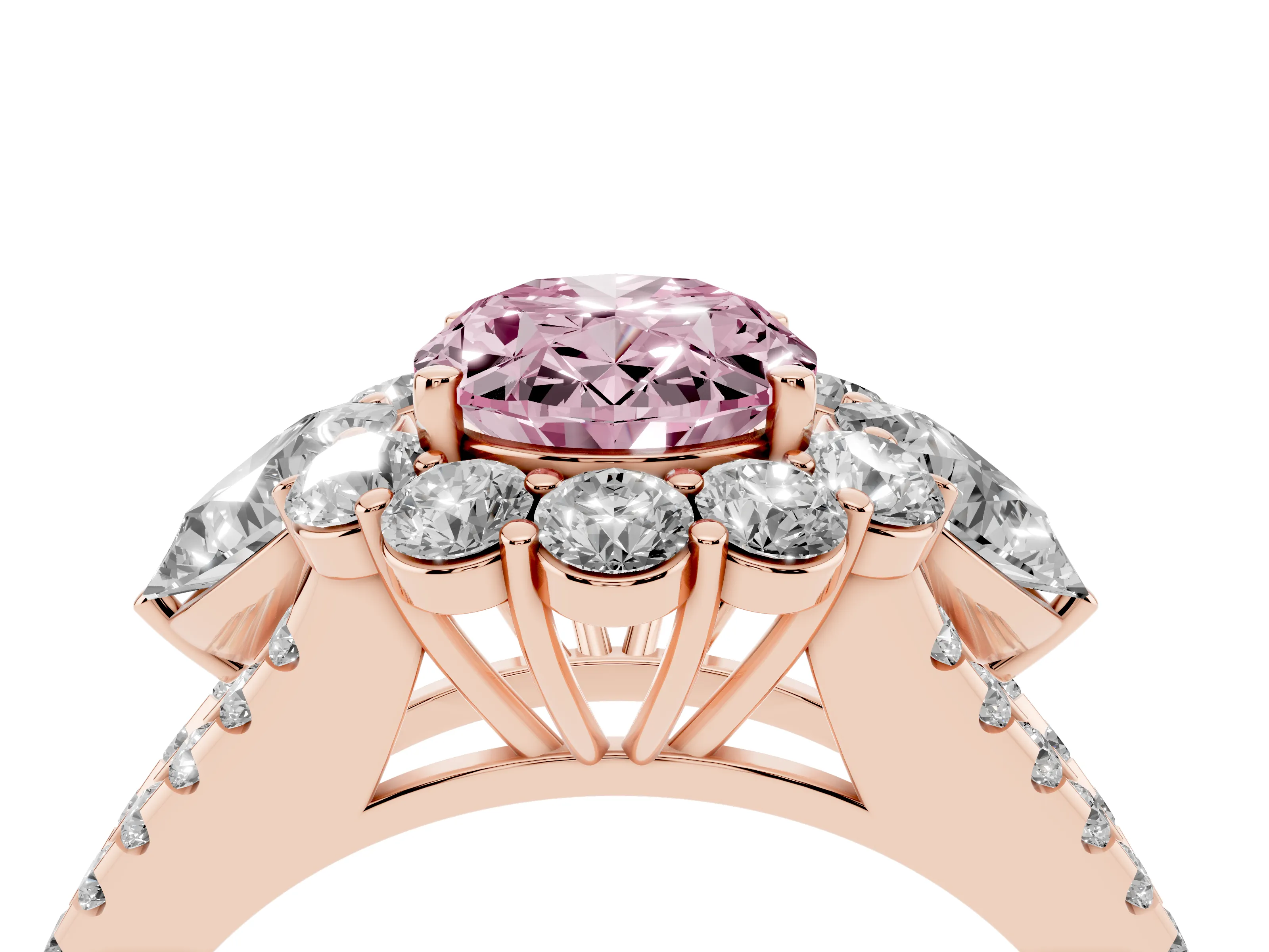 Fancy Pink Oval Cut Diamond Halo Split Shank Engagement Ring Set in Rose gold with Prong-Held Center Stone