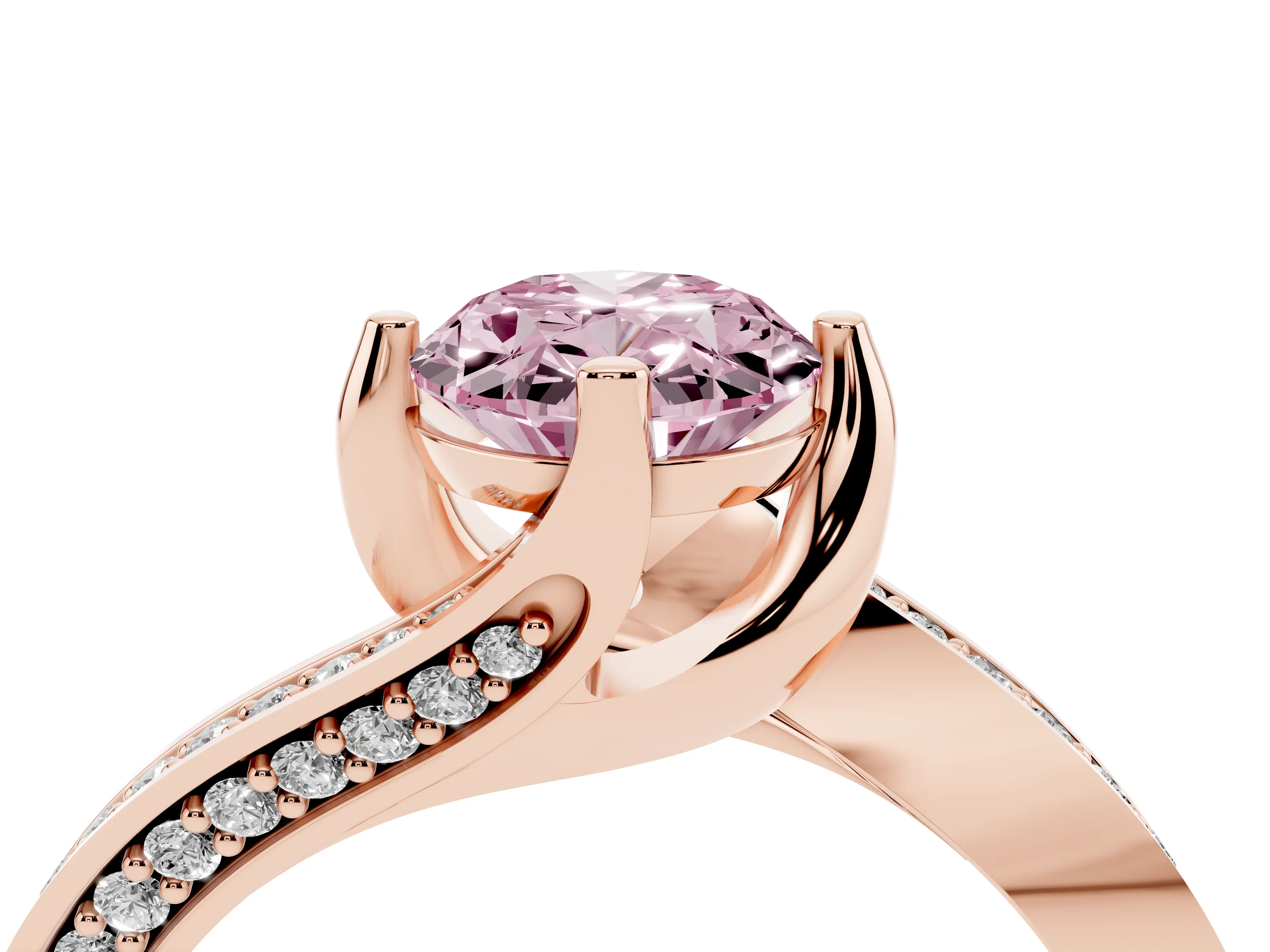 Fancy Pink Oval Cut Diamond Solitaire Ring Set in Rose gold with Intertwined Pavé Twist Band