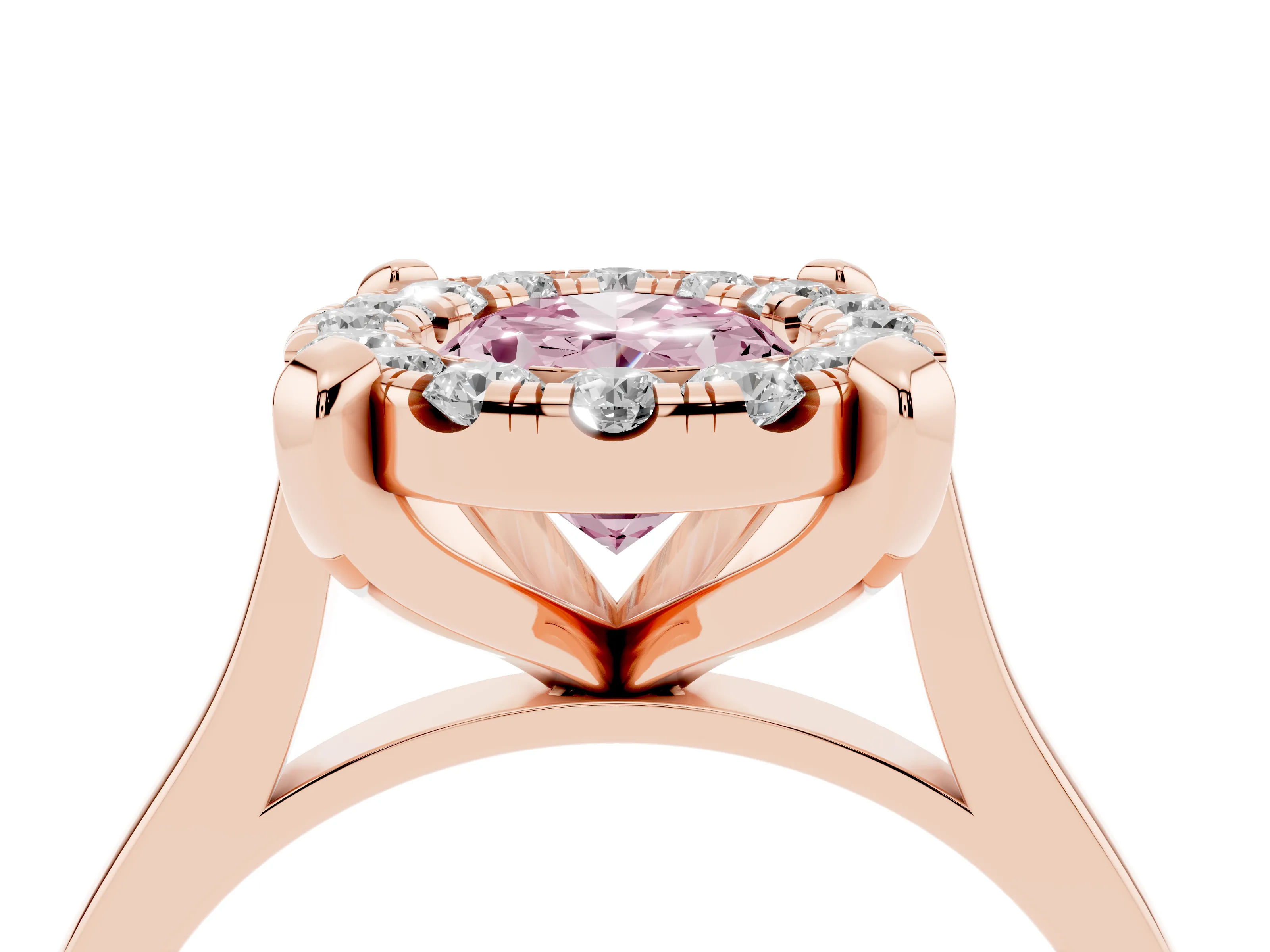 Fancy Pink Oval Cut Diamond Cluster Halo Solitaire Ring Set in Rose gold with Prong Setting