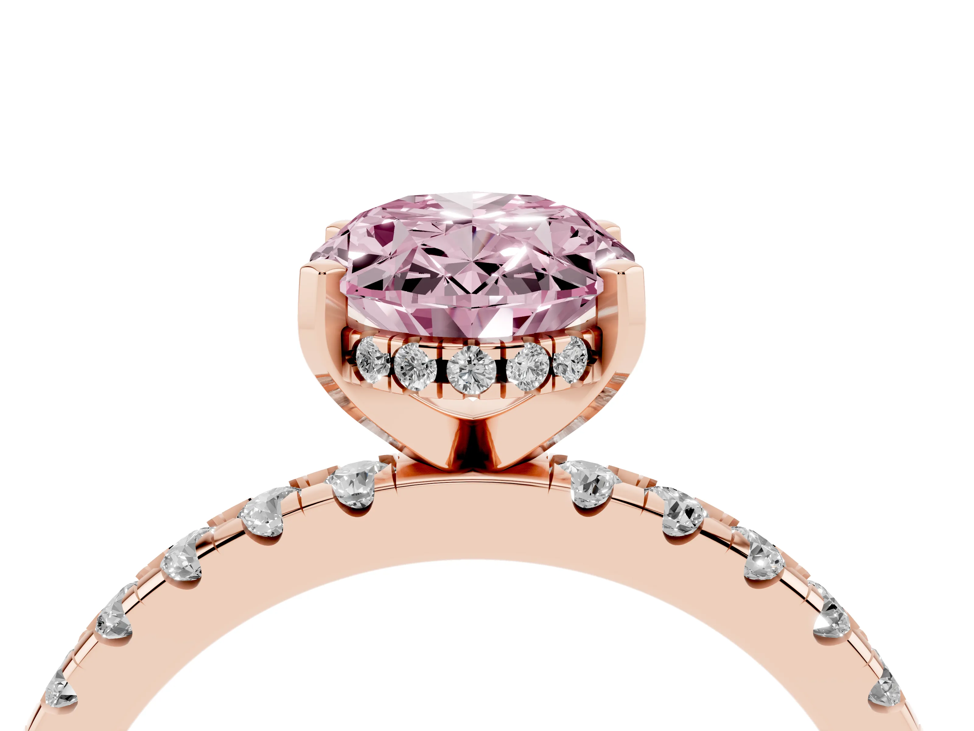 Fancy Pink Oval Cut Diamond Pavé Solitaire Ring Set in Rose gold with Round Band Accents and Prong Setting