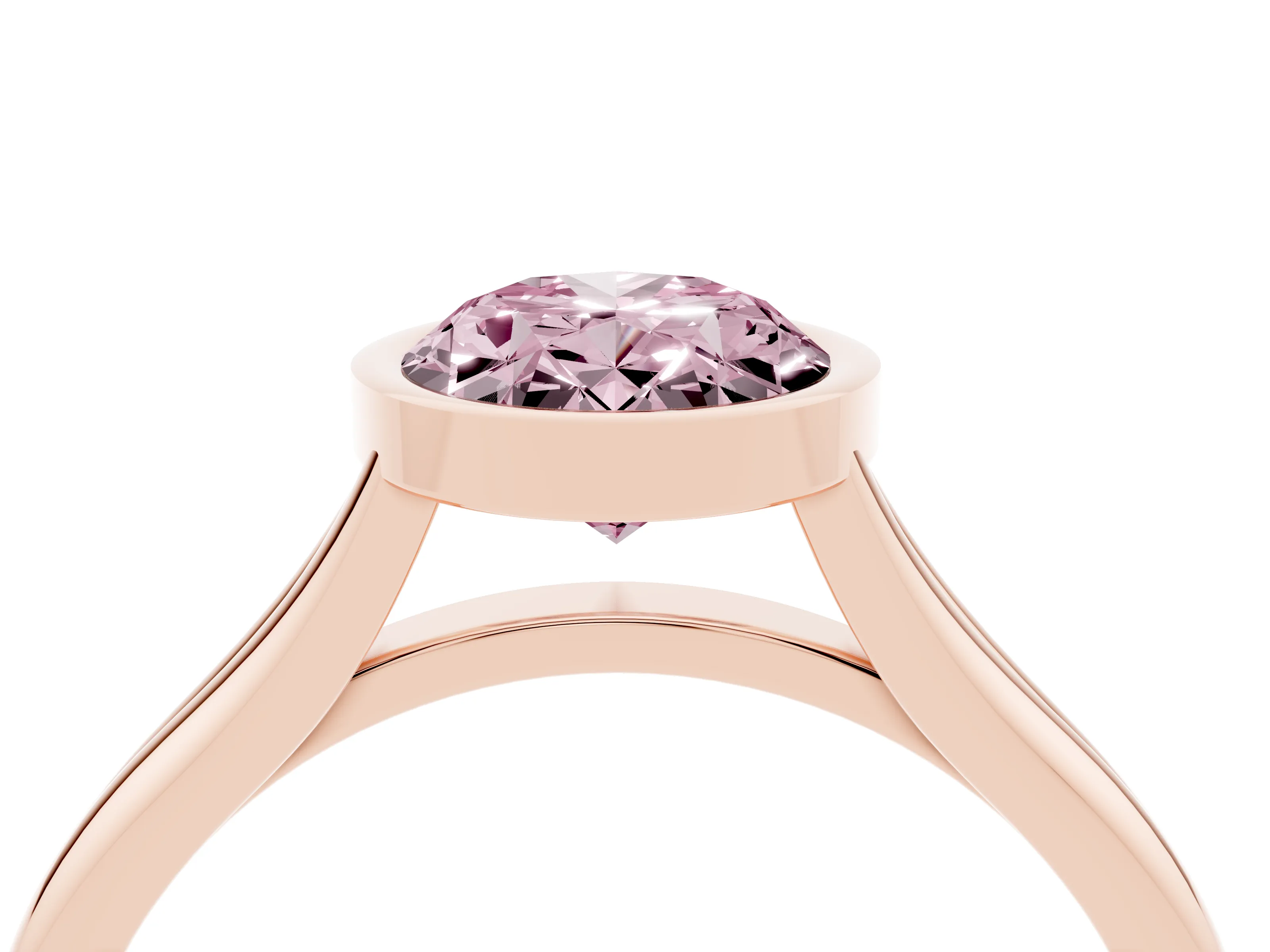 Fancy Pink Bezel Set Oval Cut Diamond Solitaire Ring Set in Rose gold with Tapered Band