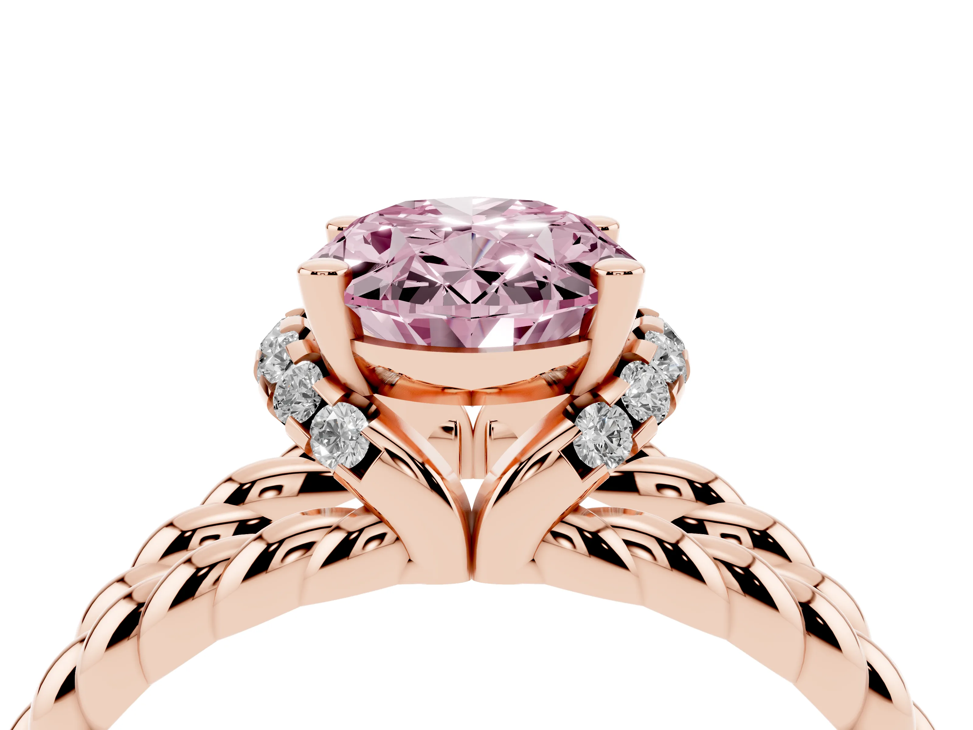 Fancy Pink Oval Cut Diamond Halo Ring Set in Rose gold with Twisted Band and Prong Setting