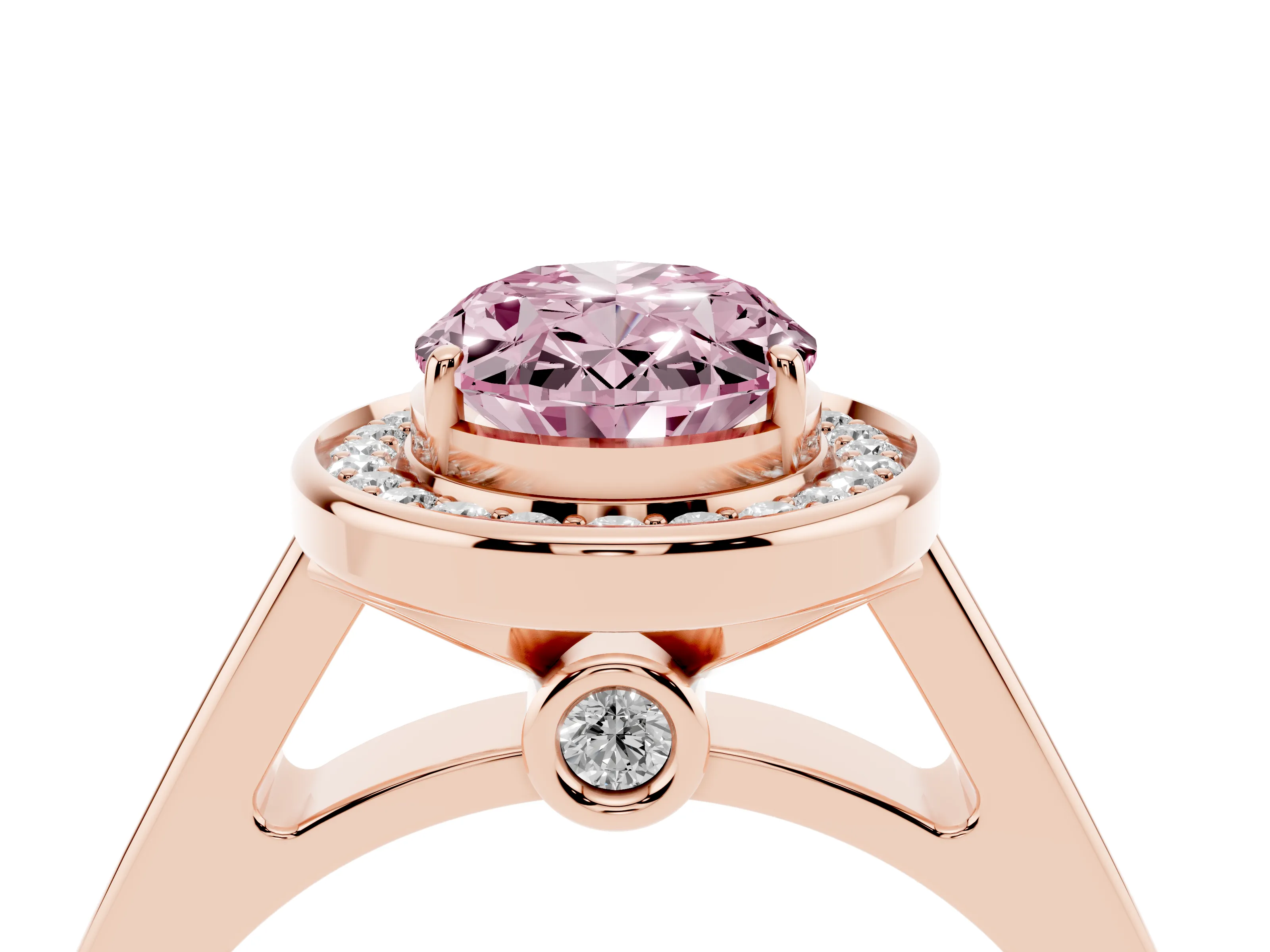 Fancy Pink Oval Cut Diamond Halo Solitaire Ring Set in Rose gold with Pavé Band and Bezel Setting