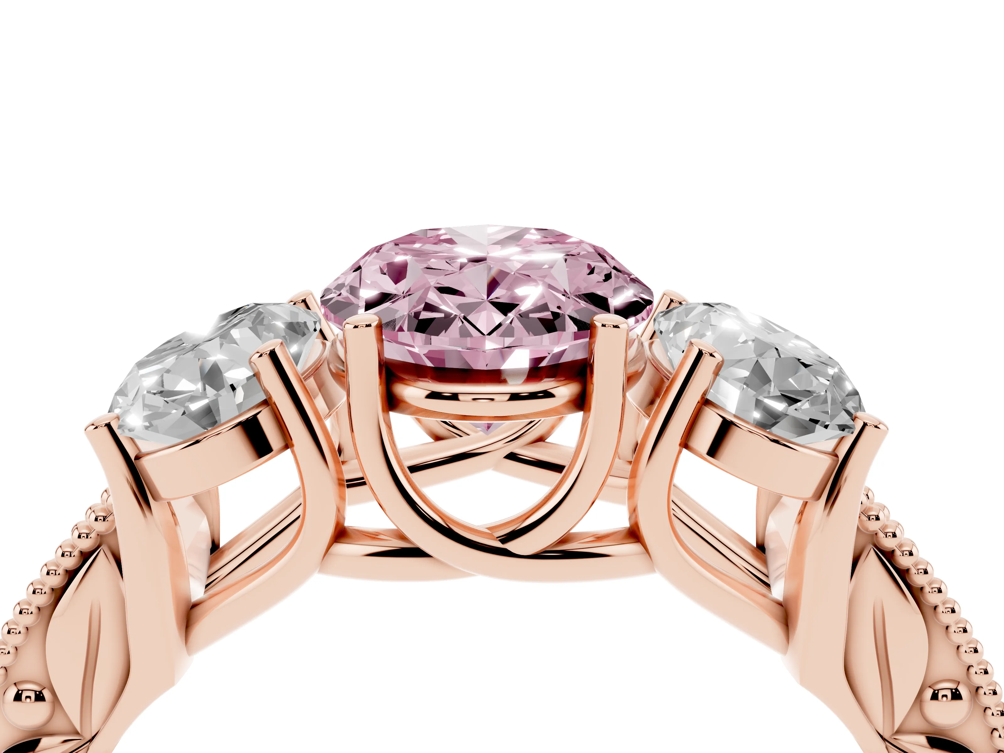 Fancy Pink Oval Cut Diamond Three-Stone Engagement Ring Set in Rose gold with Milgrain Pavé Band