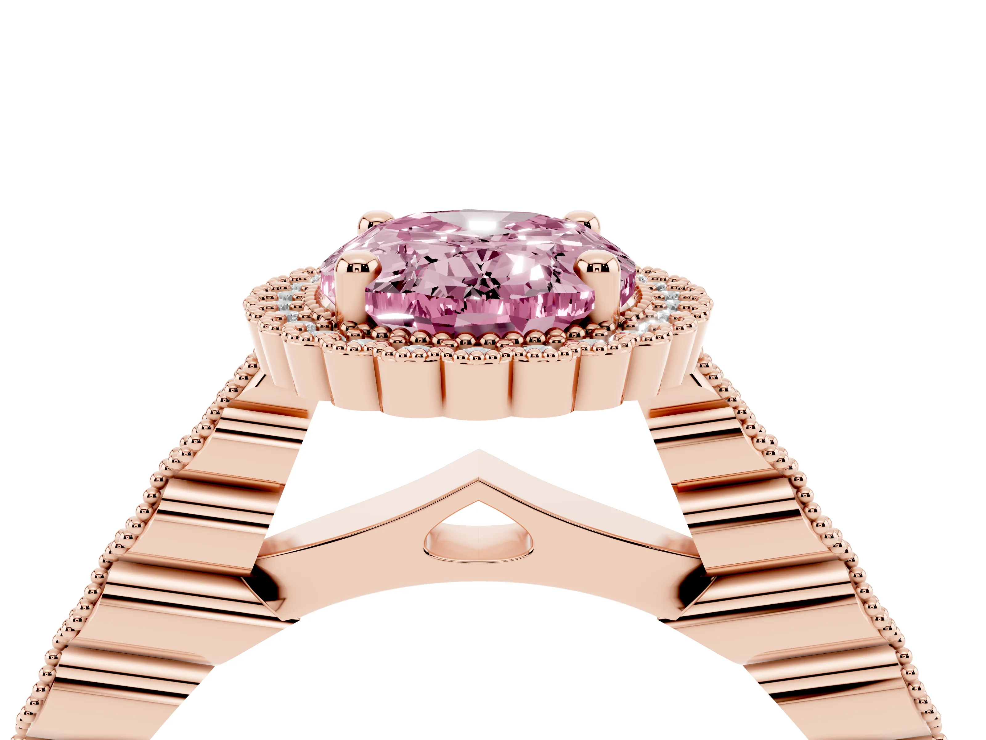 Fancy Pink Oval Cut Diamond Halo Ring Set in Rose gold with Pavé Milgrain Band