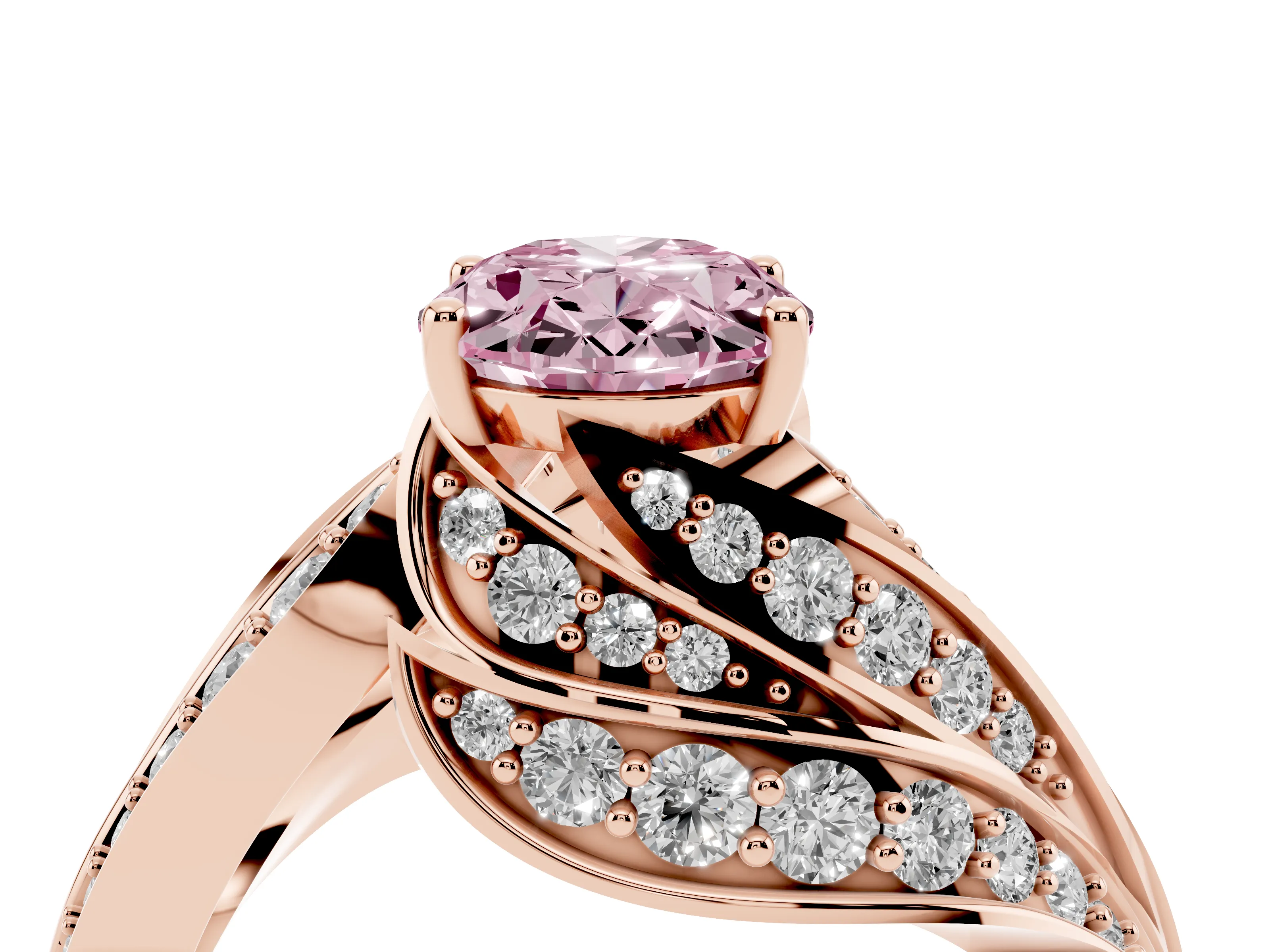 Fancy Pink Oval Cut Diamond Solitaire Ring Set in Rose gold with Layered Twist Pavé Band
