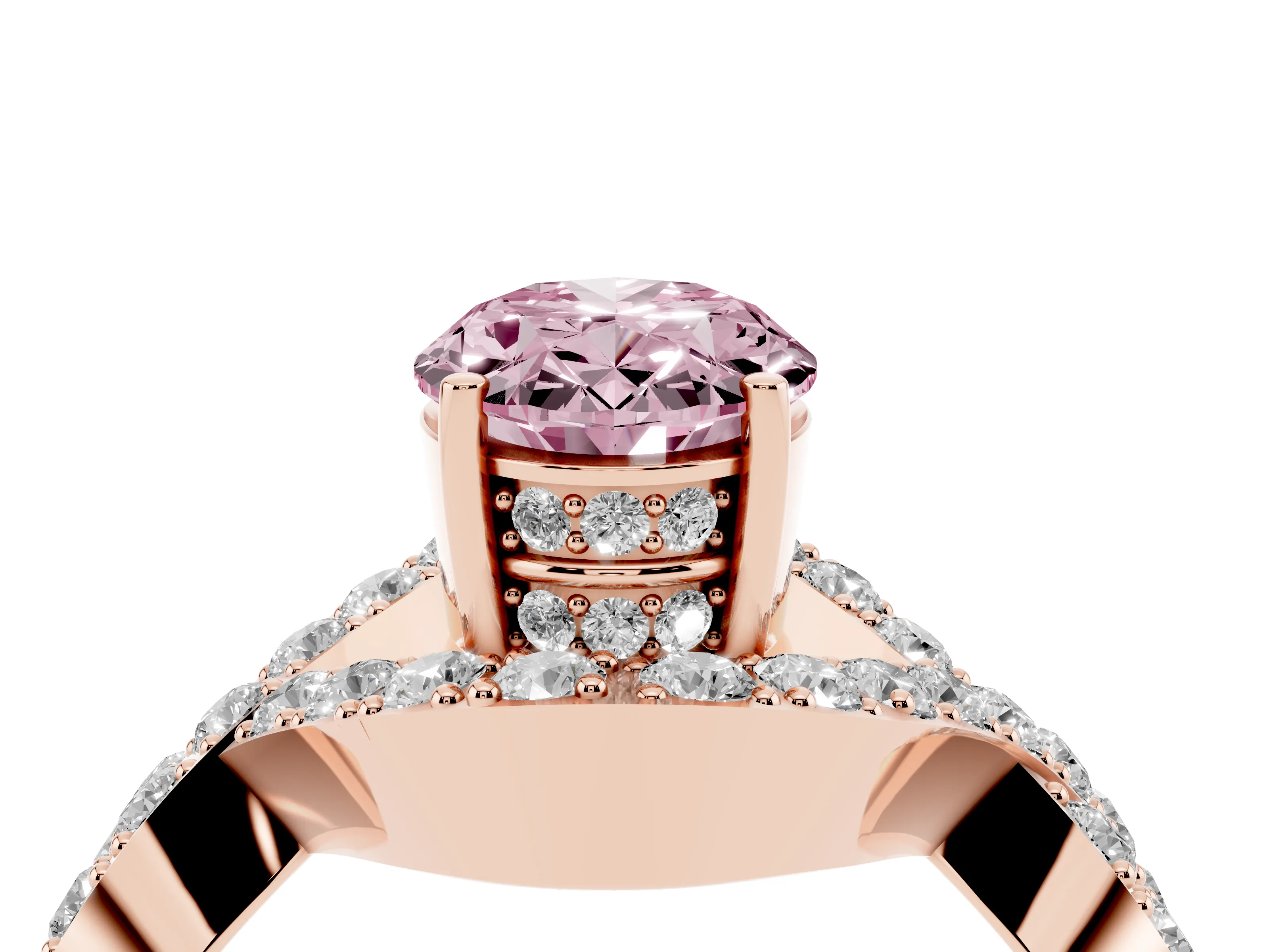 Fancy Pink Oval Cut Diamond Solitaire Twist Band Pavé Engagement Ring Set in Rose gold