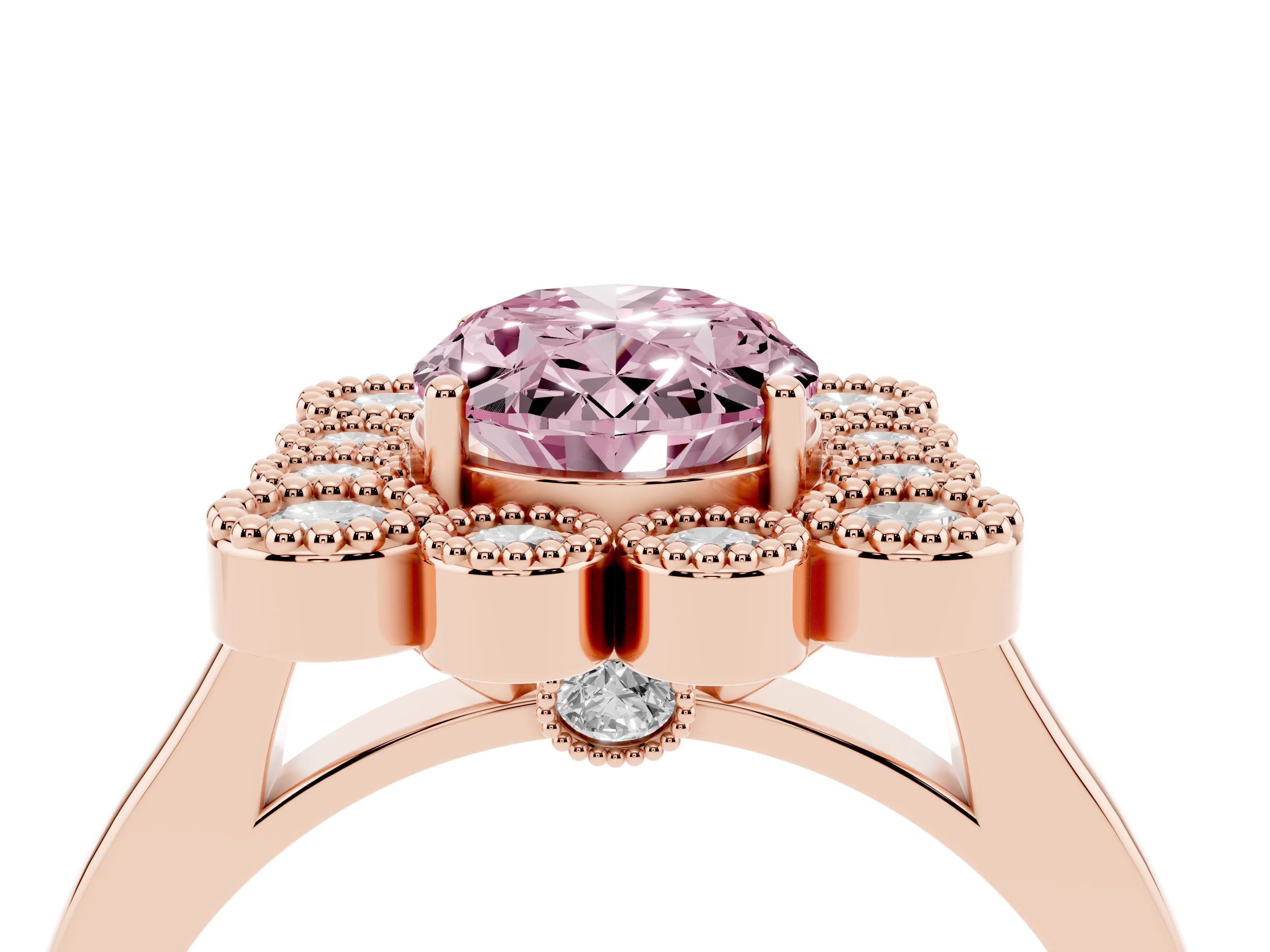 Fancy Pink Oval Cut Diamond Cluster Halo Ring Set in Rose gold with Milgrain Bezel Accents and Plain Band