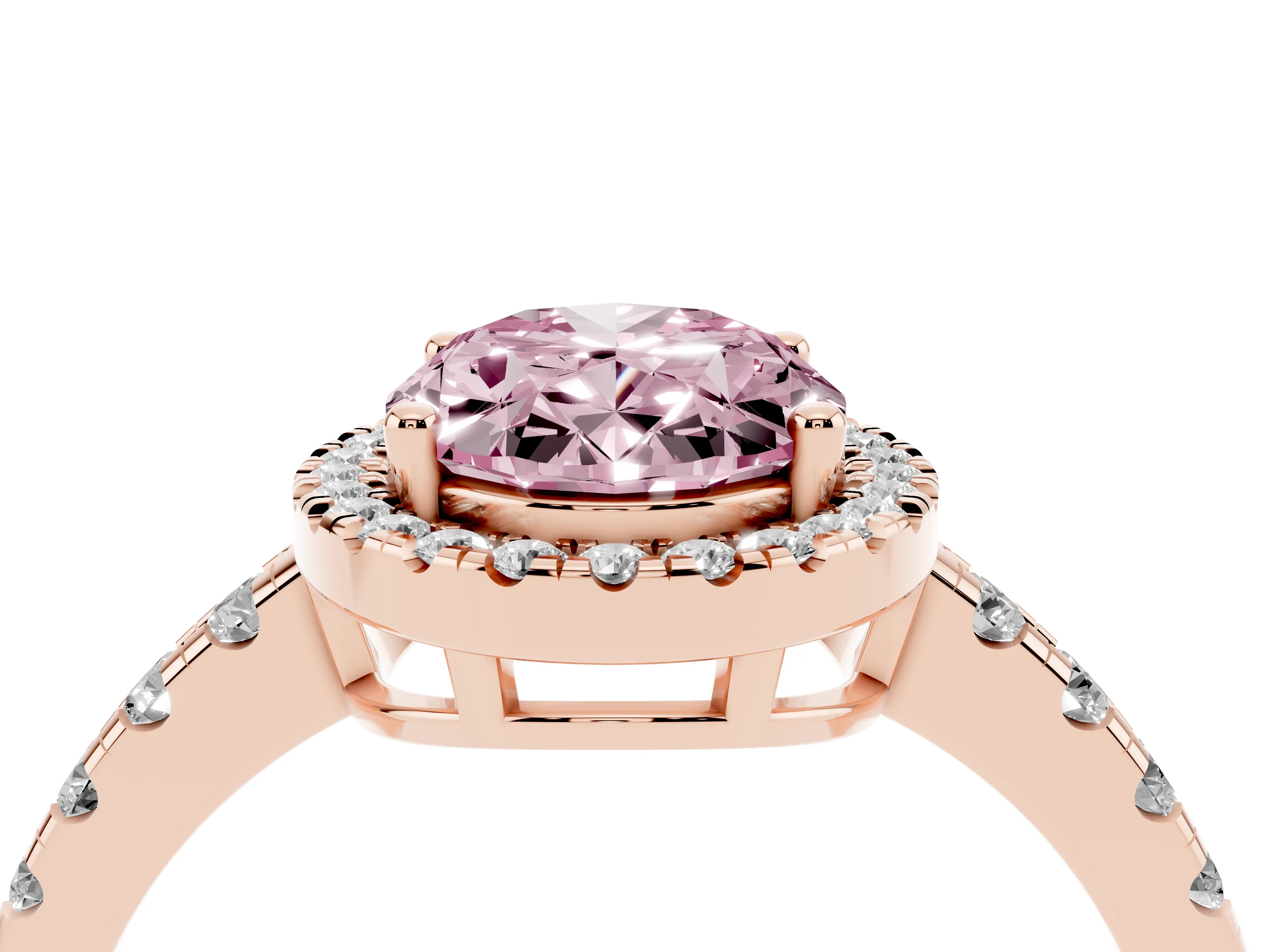 Fancy Pink Oval Cut Diamond Halo Ring Set in Rose gold with Delicate Pavé Band and Prong Setting
