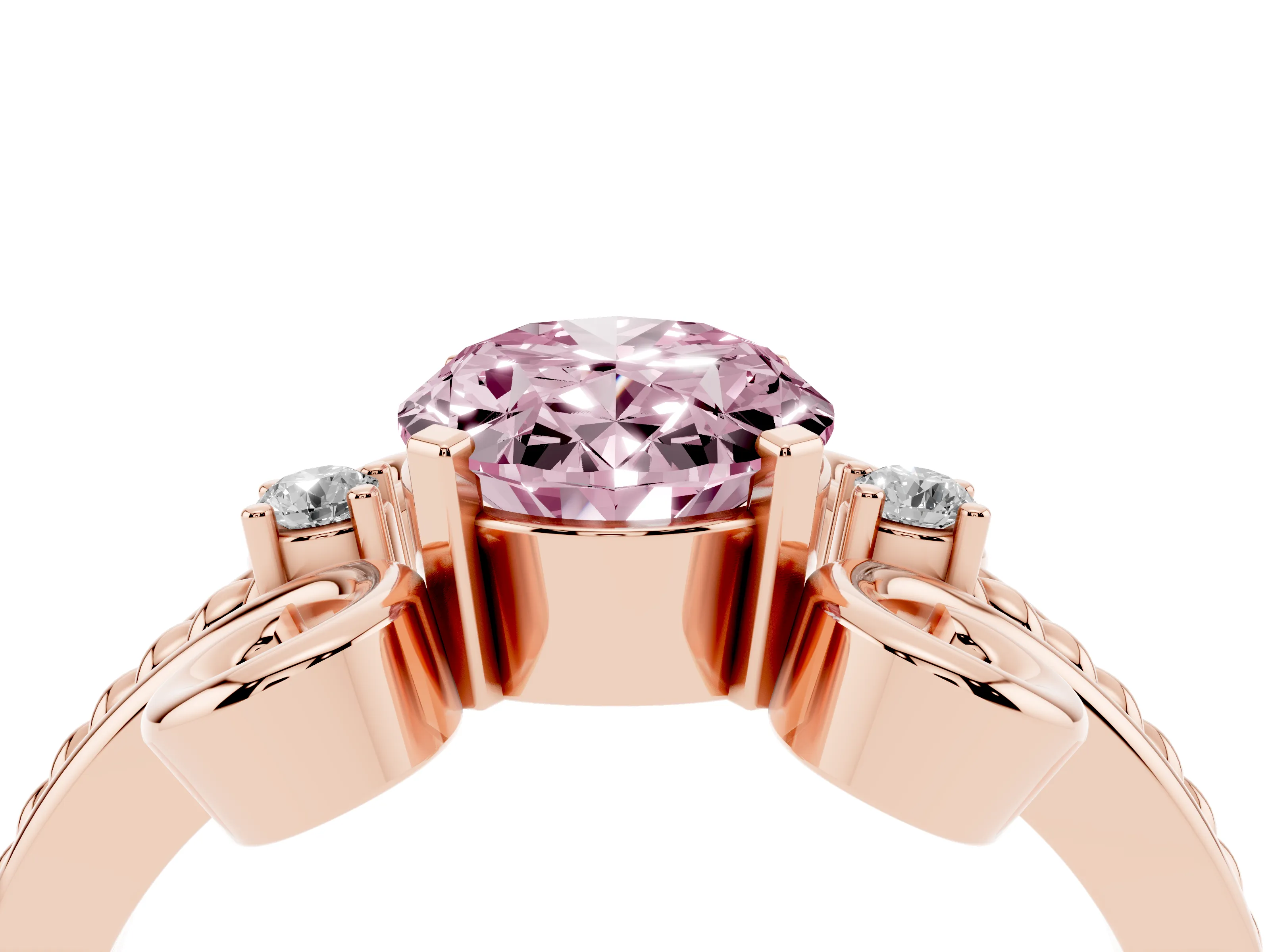 Fancy Pink Oval Cut Diamond Twisted Band Solitaire Ring Set in Rose gold with Scroll Prongs