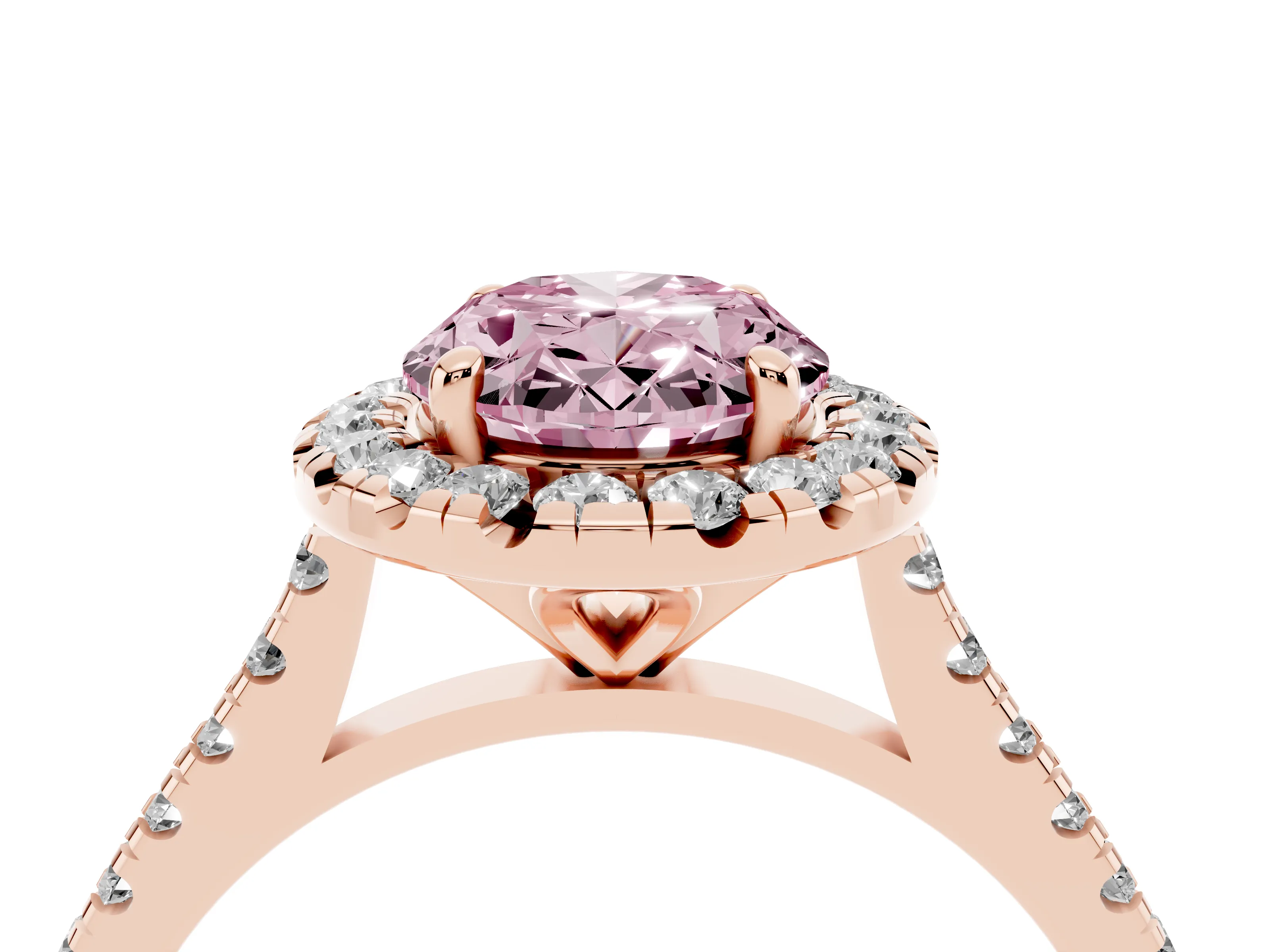 Fancy Pink Oval Cut Diamond Cushion Halo Ring Set in Rose gold with Pavé Band