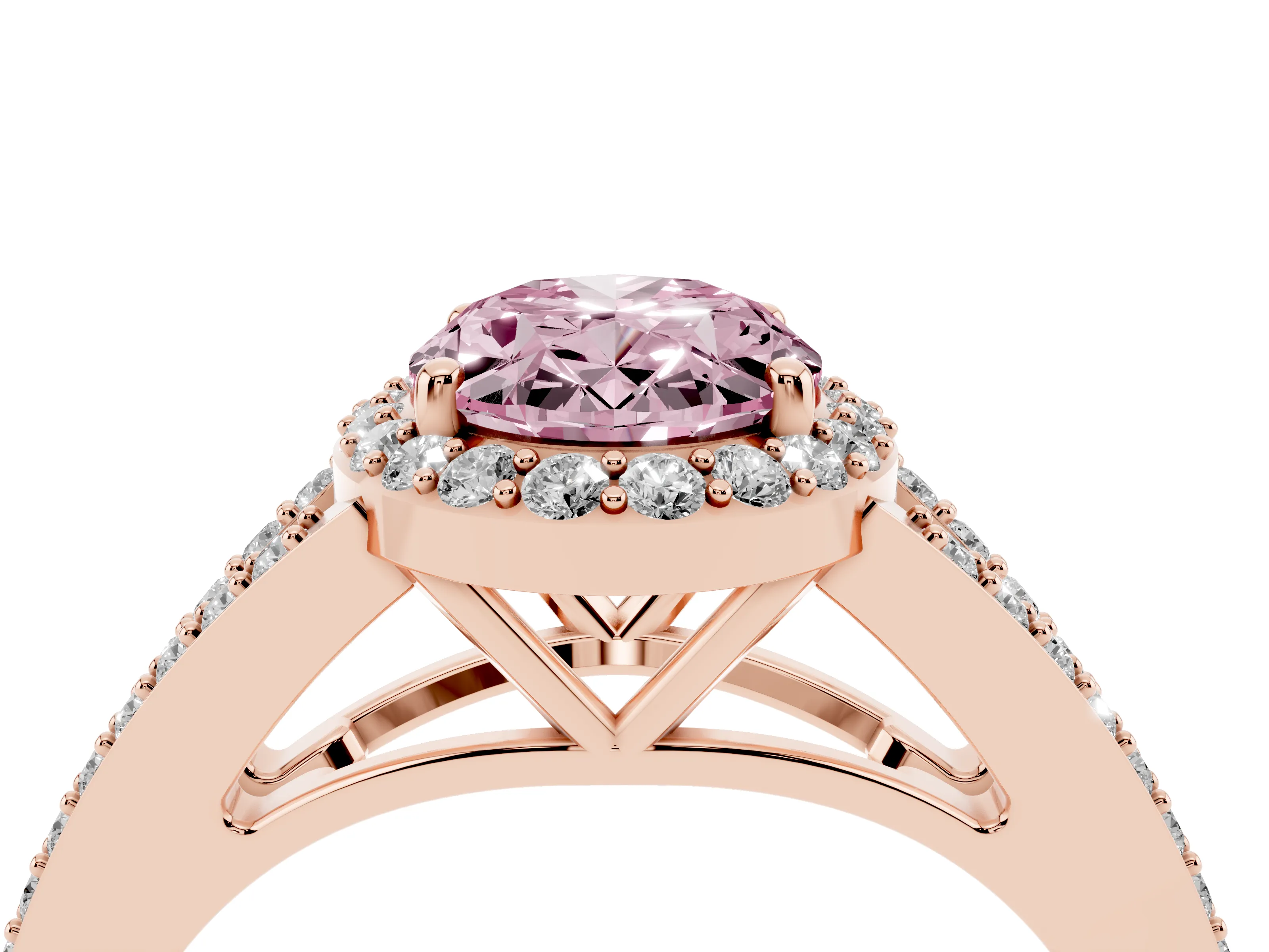 Fancy Pink Oval Cut Diamond Halo Split Shank Ring Set in Rose gold with Accent Stones and Prong Setting