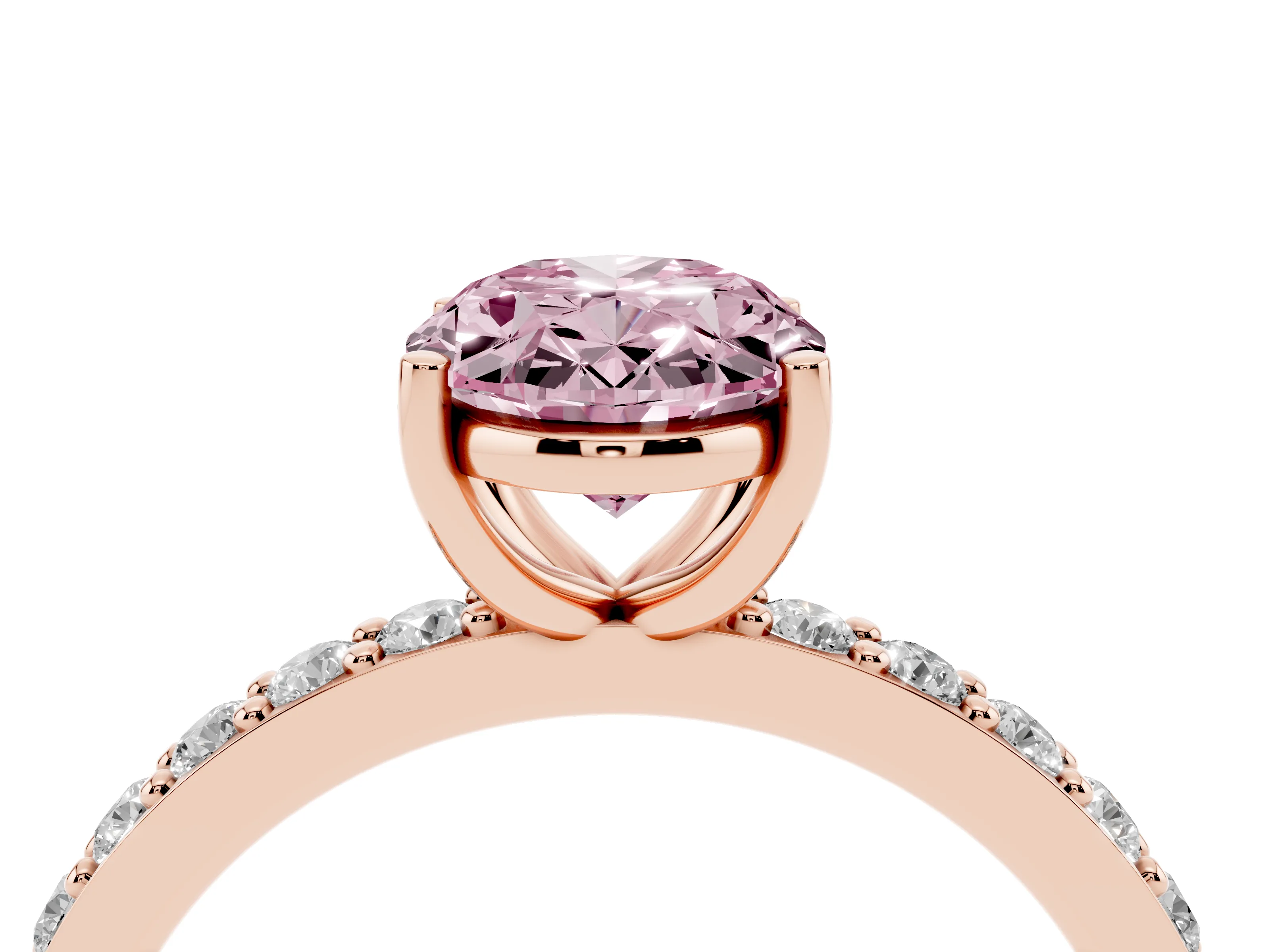 Fancy Pink Oval Cut Diamond Solitaire Set in Rose gold with Round Pavé Band and Prong Setting
