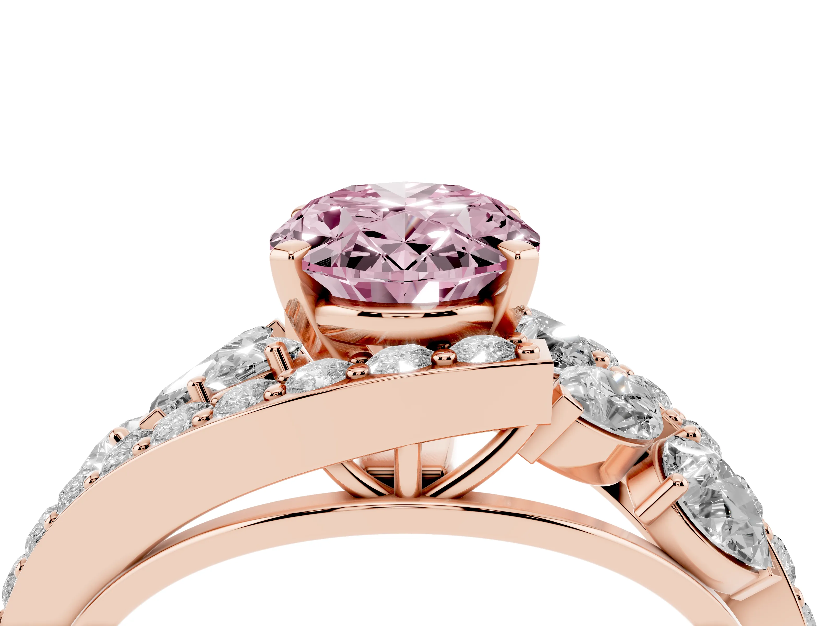 Fancy Pink Oval Cut Diamond Halo Ring Set in Rose gold with Marquise and Pavé Band in Prong Setting