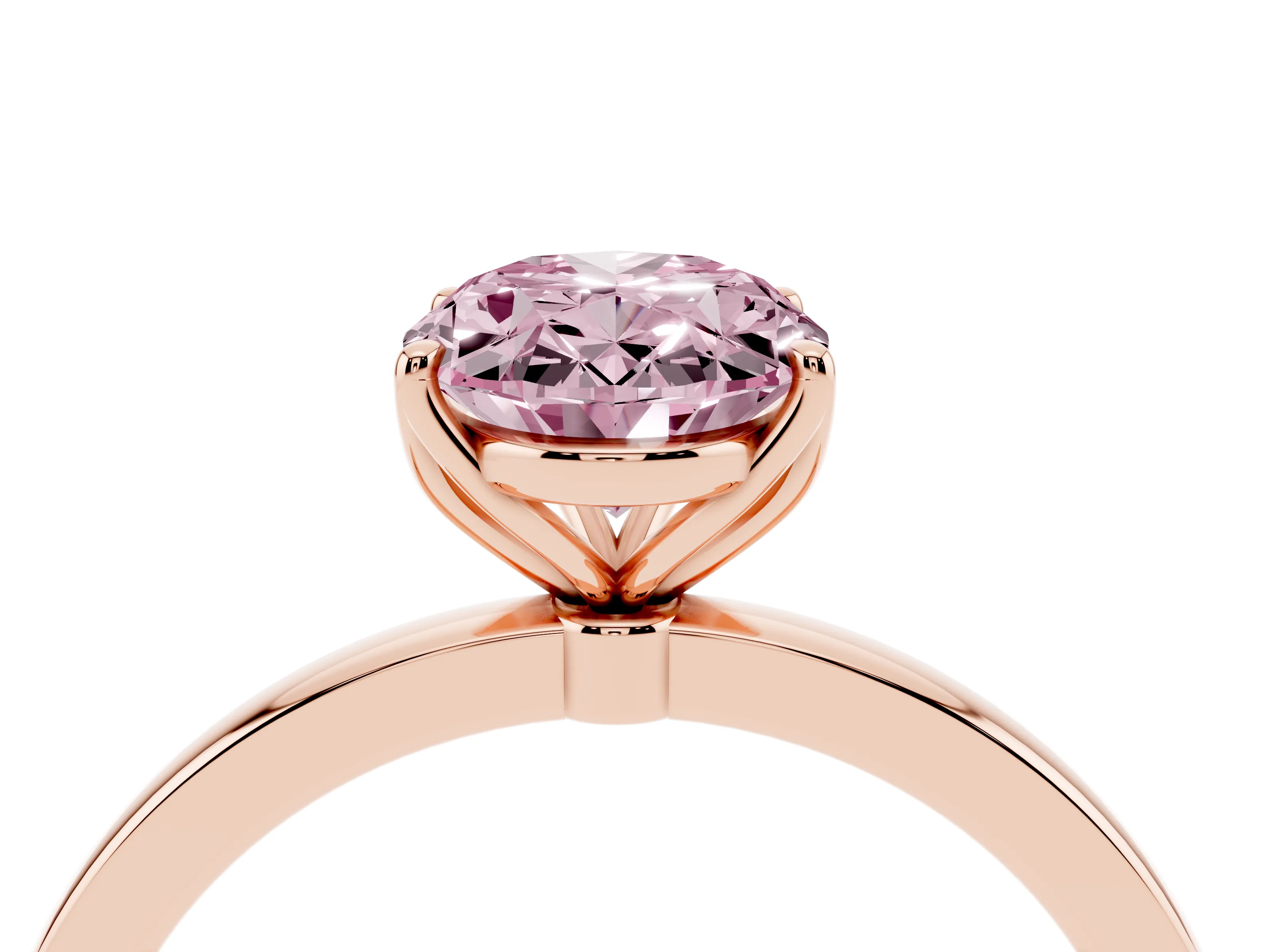 Fancy Pink Oval Cut Diamond Solitaire Ring Set in Rose gold with Prong Setting and Thin Polished Band