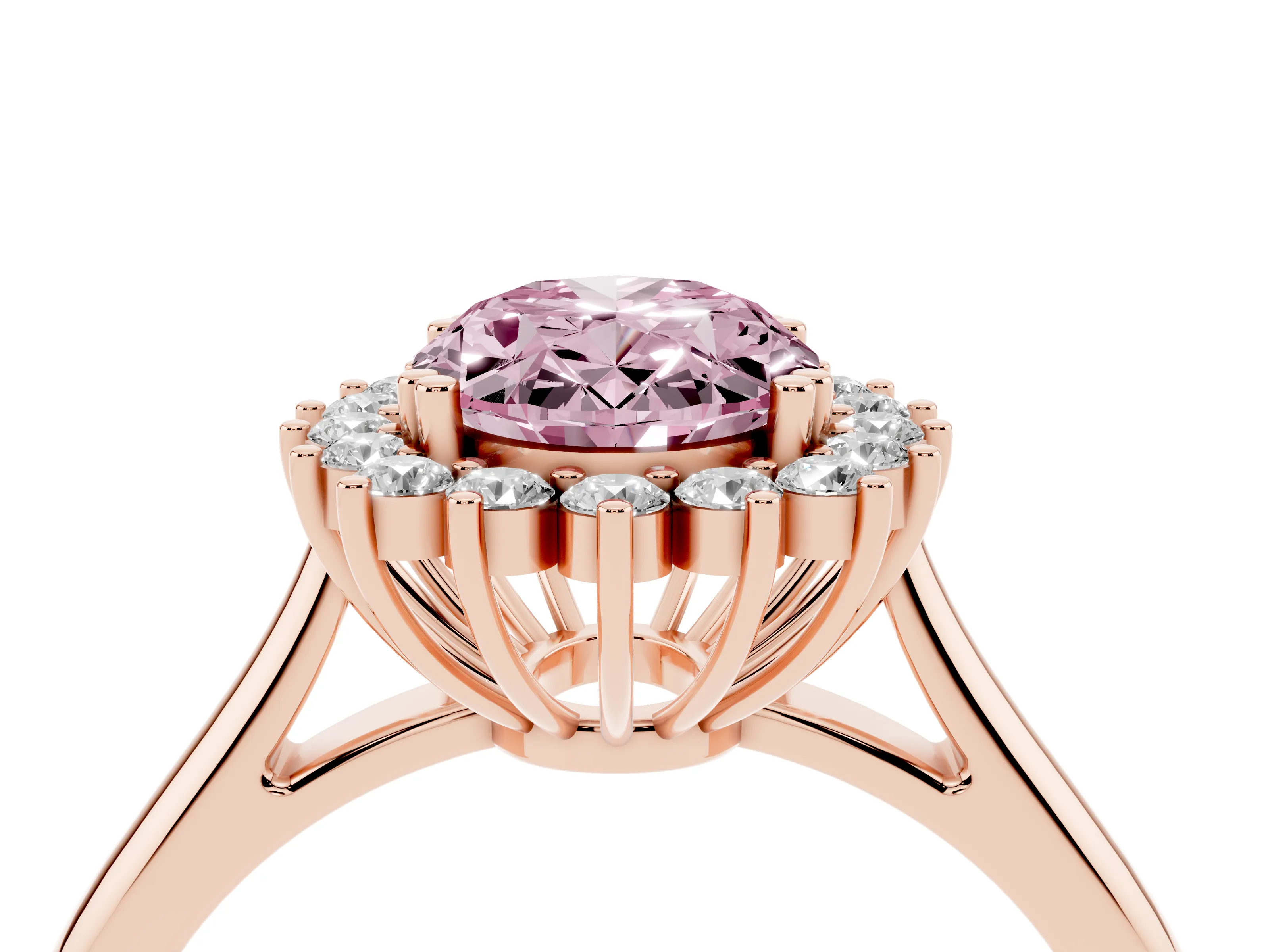 Fancy Pink Oval Cut Diamond Halo Ring Set in Rose gold with Plain Solitaire Band and Prong Setting