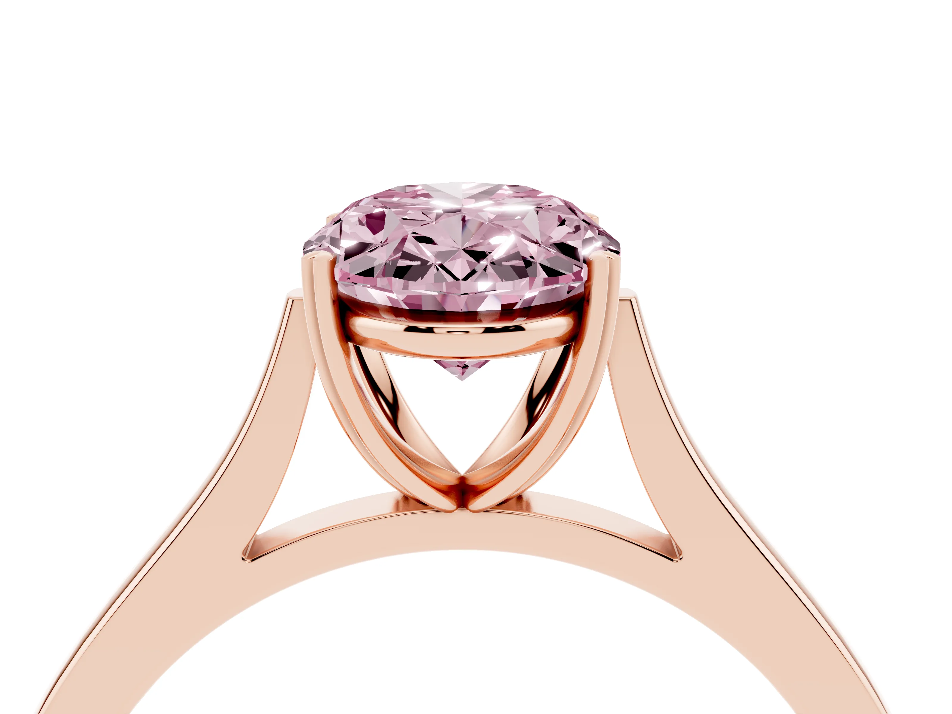 Fancy Pink Oval Cut Diamond Solitaire Heart Prong Engagement Ring Set in Rose gold with Tapered Band