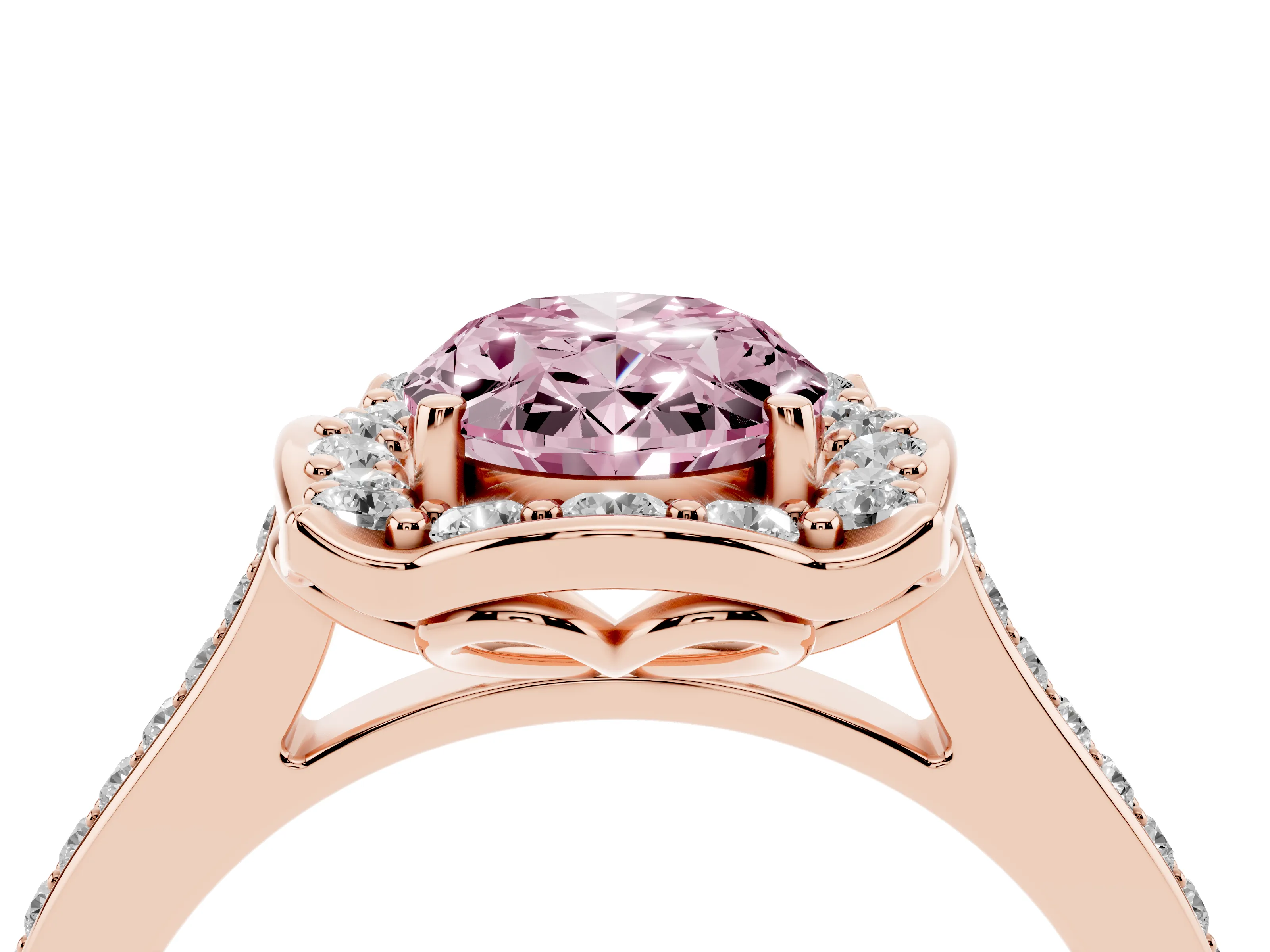 Fancy Pink Oval Cut Diamond Halo Ring Set in Rose gold with Pavé-Lined Shoulders and Prong Setting
