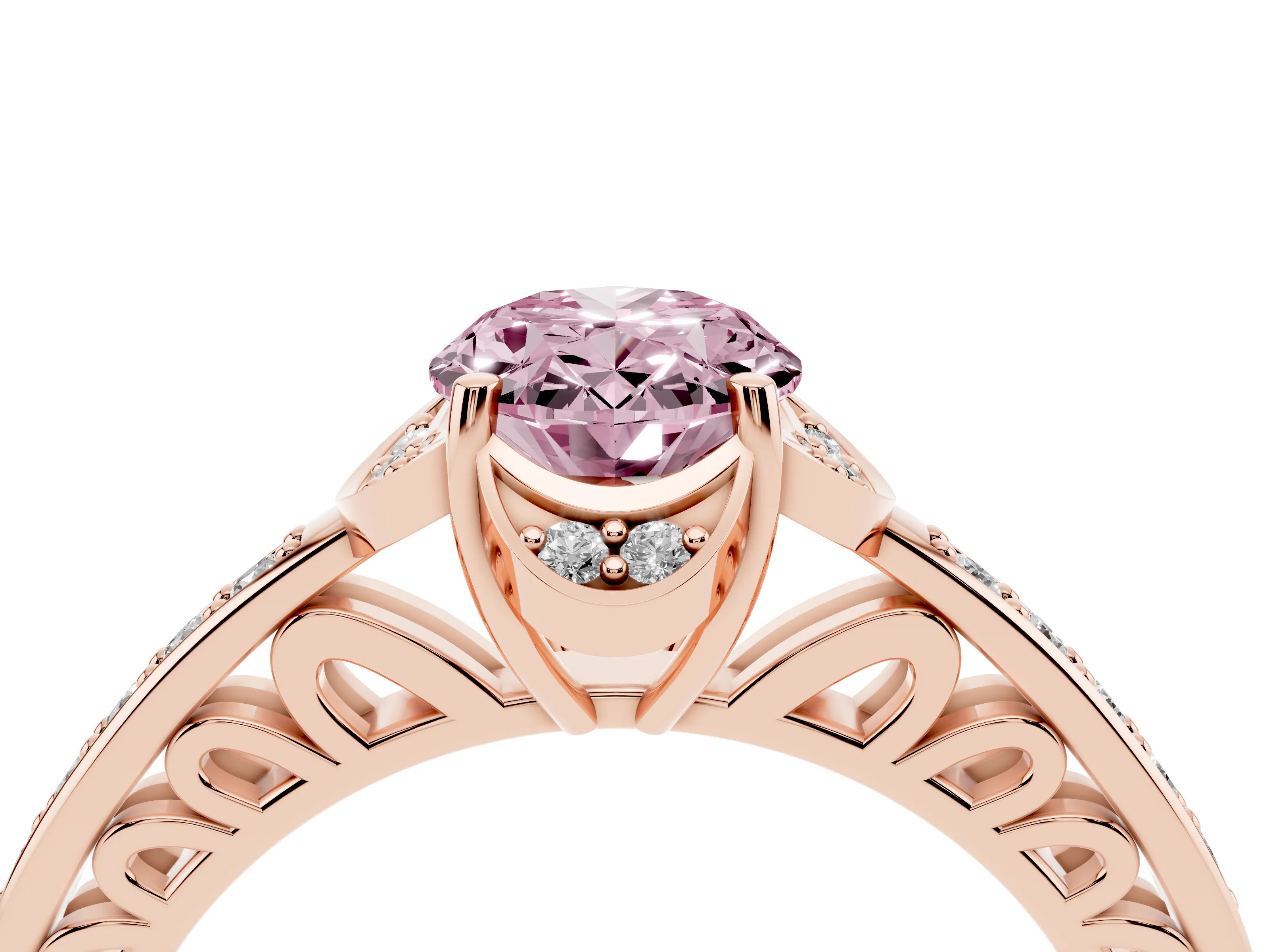 Fancy Pink Oval Cut Diamond Halo Ring Set in Rose gold with Channel Set Band and Prong Setting
