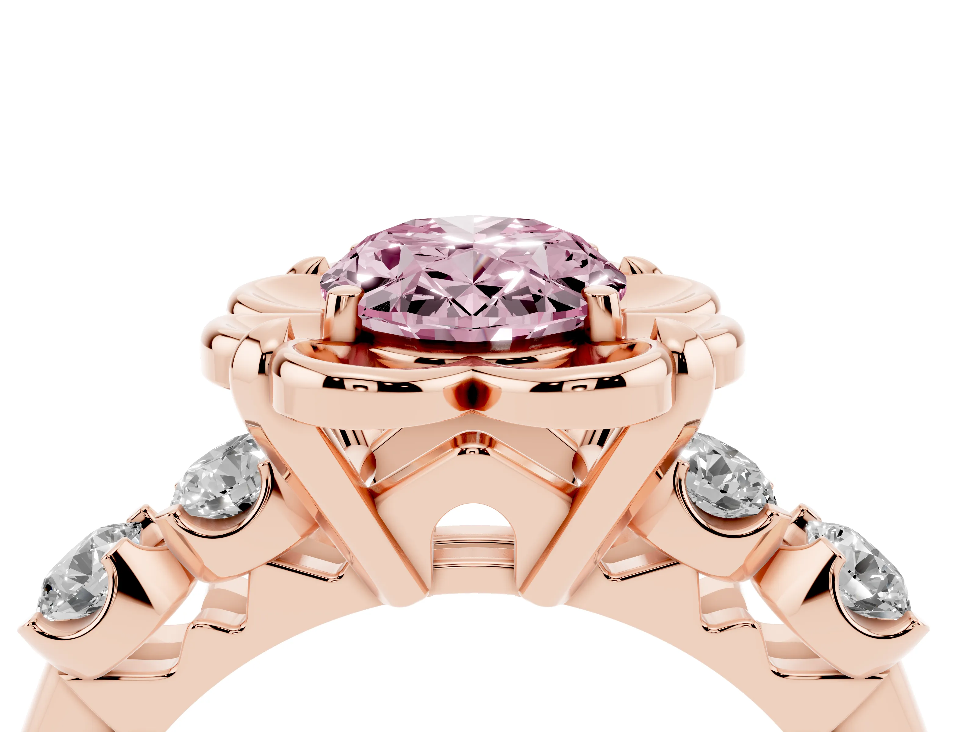 Fancy Pink Oval Cut Diamond Floral Halo Ring Set in Rose gold with Shared Prong Band