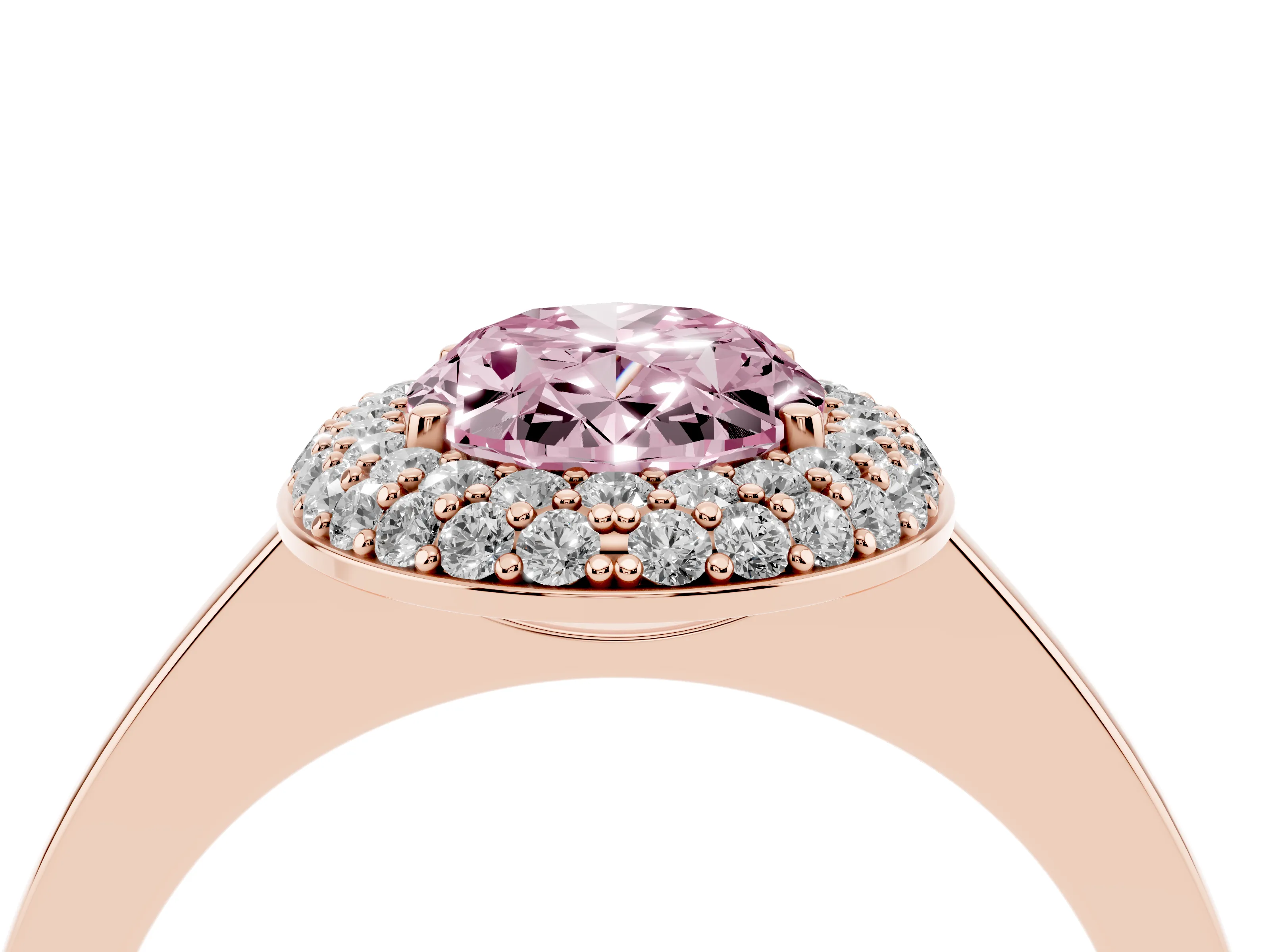 Fancy Pink Oval Cut Diamond Halo Engagement Ring Set in Rose gold with Solitaire Band and Prong Setting