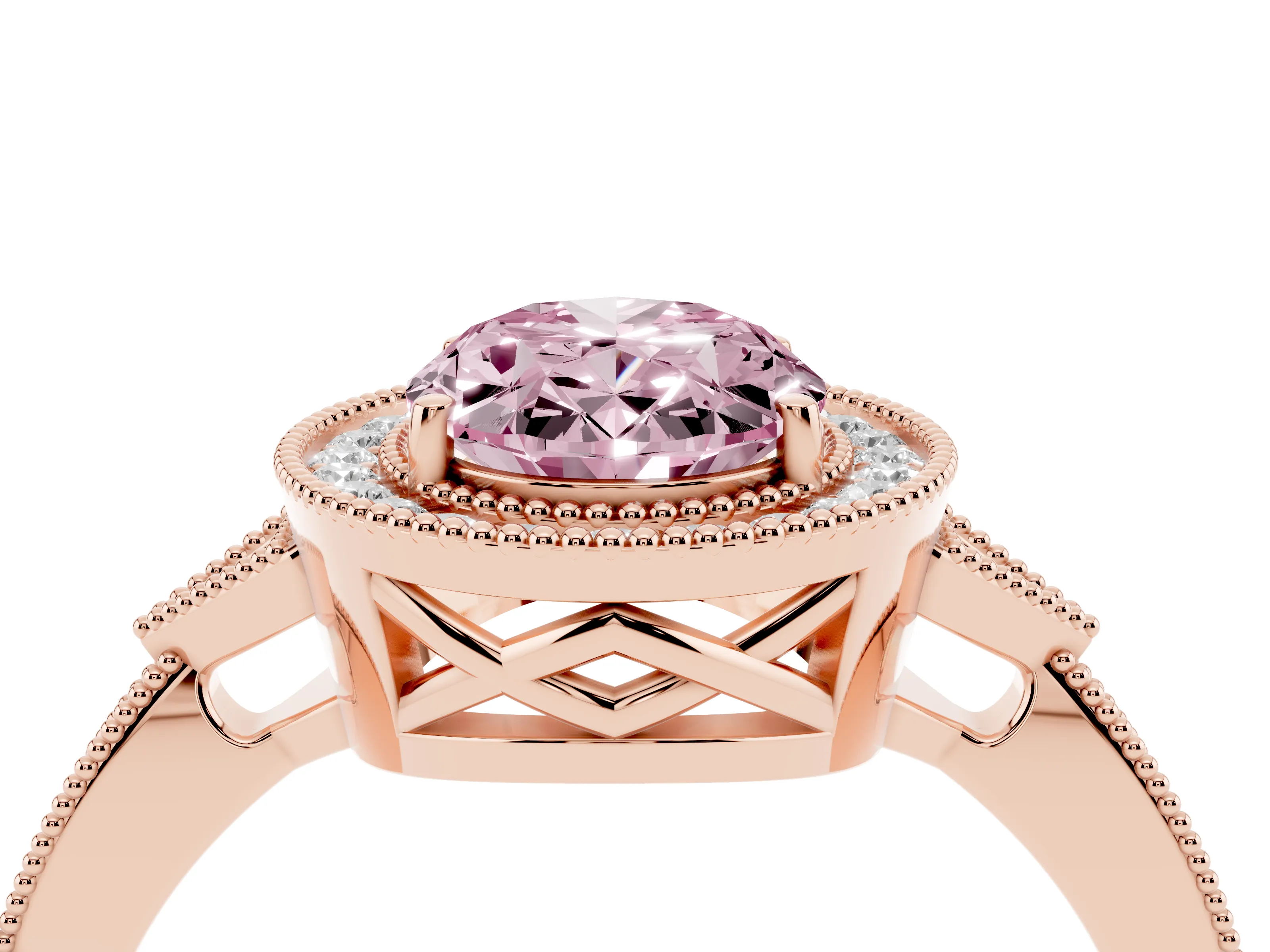 Fancy Pink Oval Cut Diamond Halo Engagement Ring Set in Rose gold with Milgrain Pavé Band