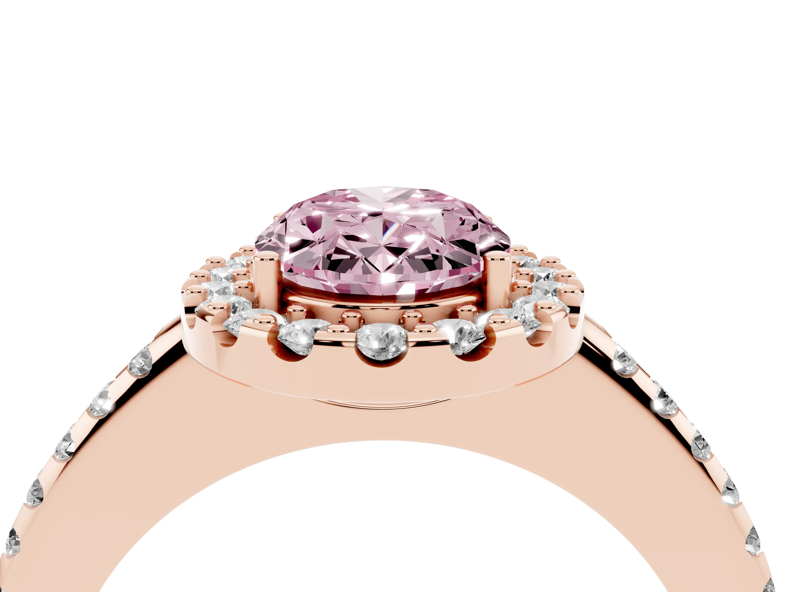 Fancy Pink Oval Cut Diamond Pavé Halo Ring Set in Rose gold with Prong Setting