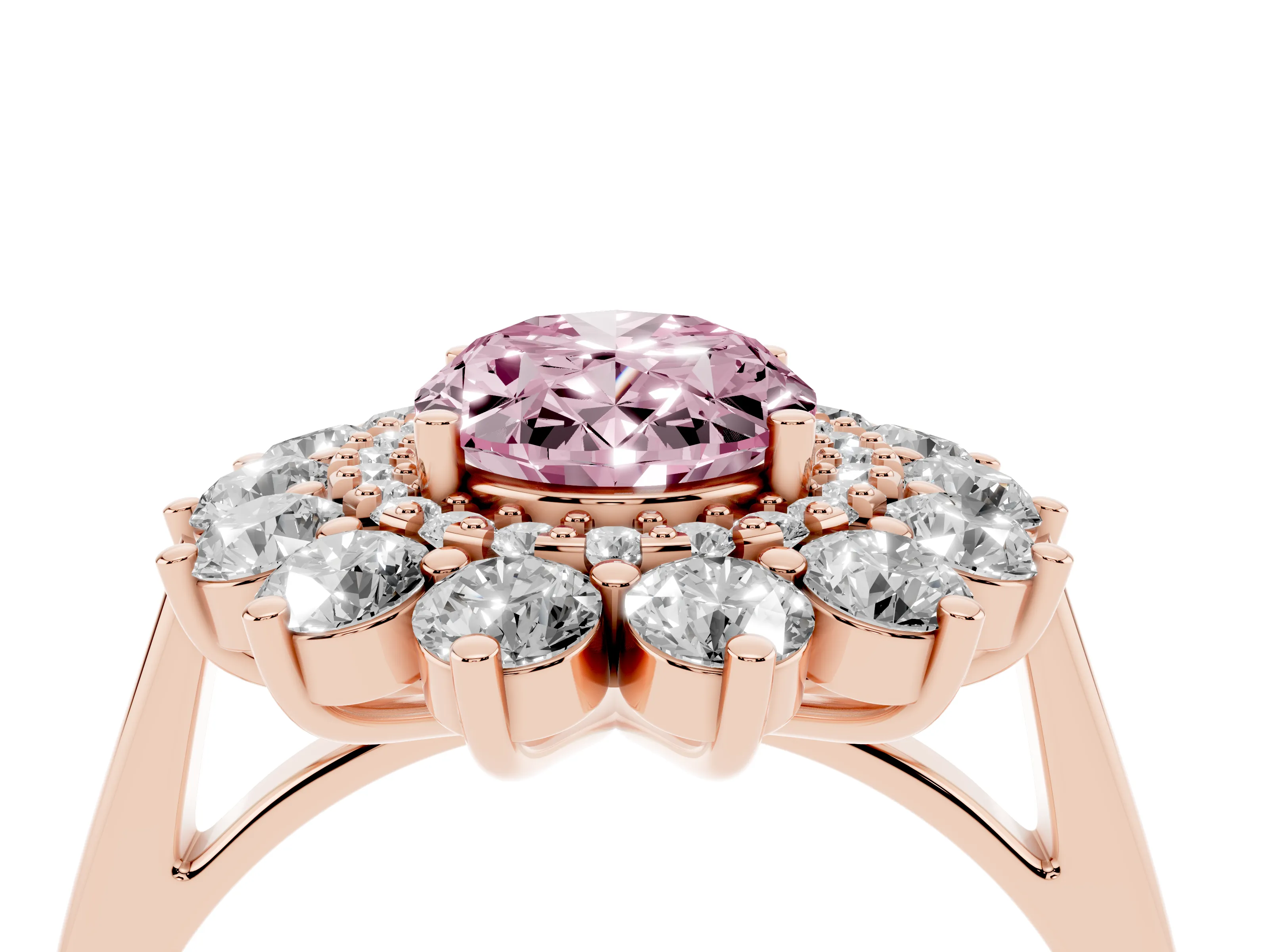 Fancy Pink Oval Cut Diamond Floral Double Halo Ring Set in Rose gold with Round Petals