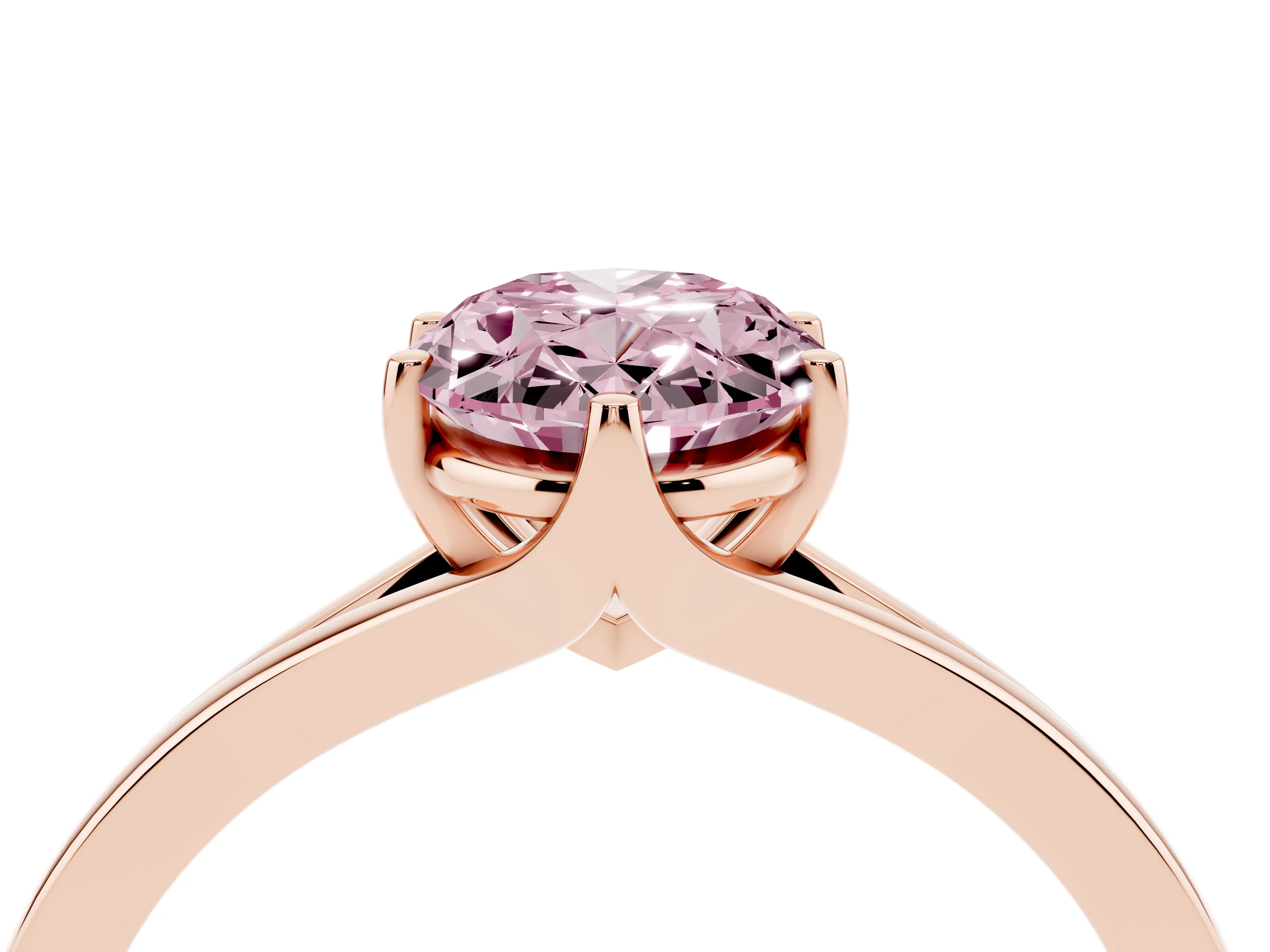 Fancy Pink Oval Cut Diamond Solitaire Ring Set in Rose gold with Polished Tapered Band and Prong Setting