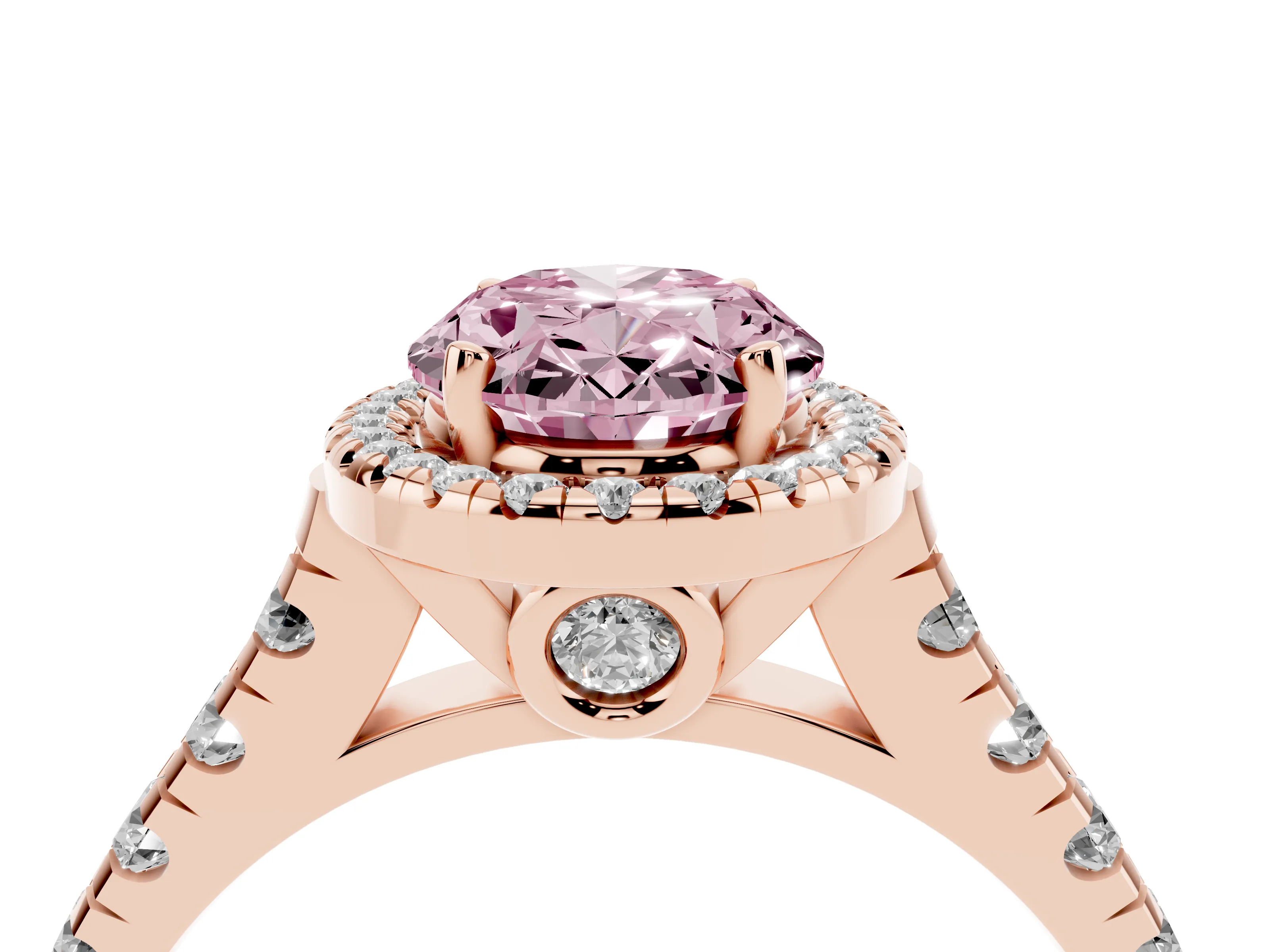Fancy Pink Oval Cut Diamond Halo Engagement Ring Set in Rose gold with Pavé Band and Prong-Set Center