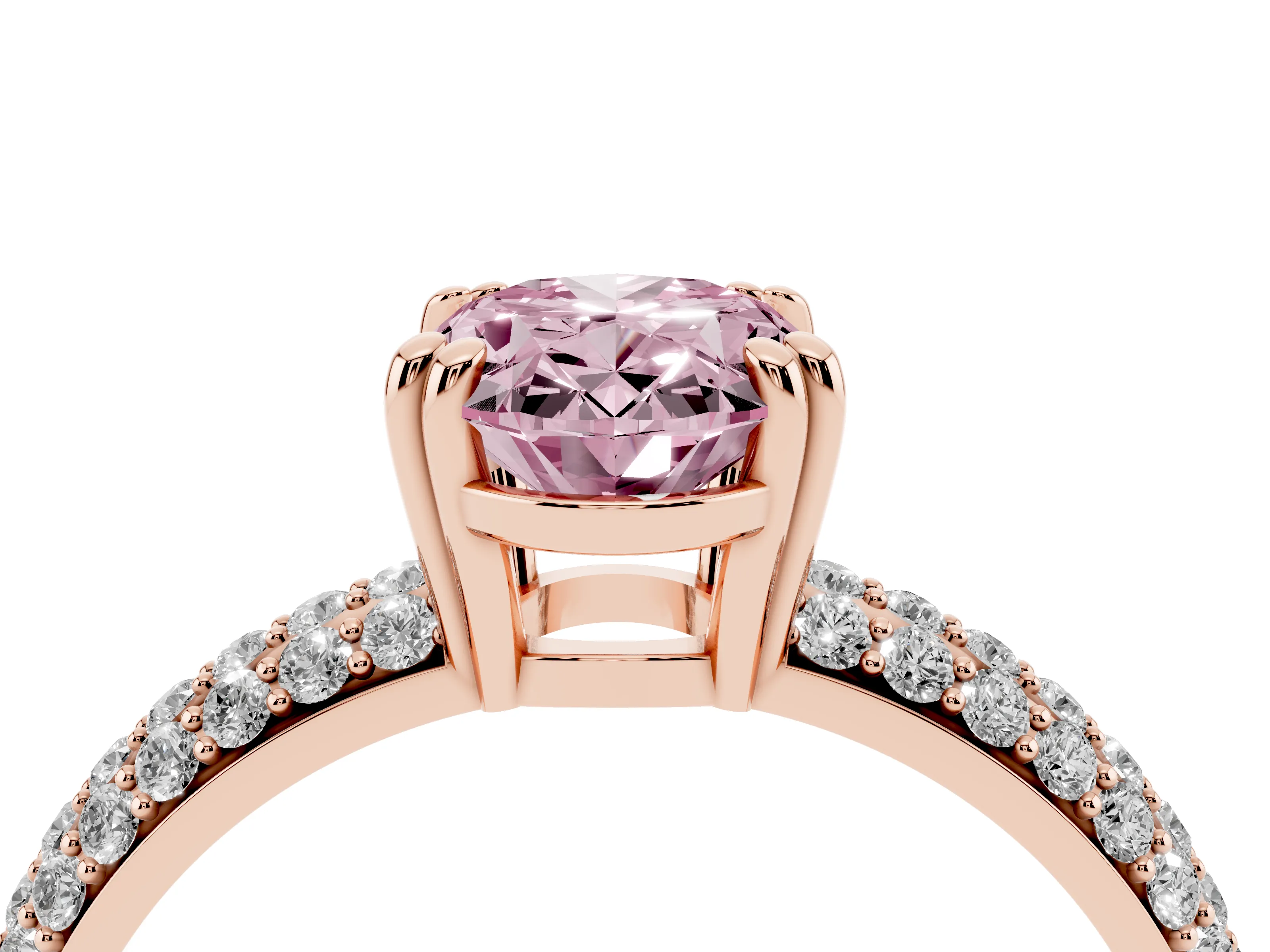 Fancy Pink Oval Cut Diamond Solitaire Ring Set in Rose gold with Multi-Row Round Pavé Band and Prong Setting