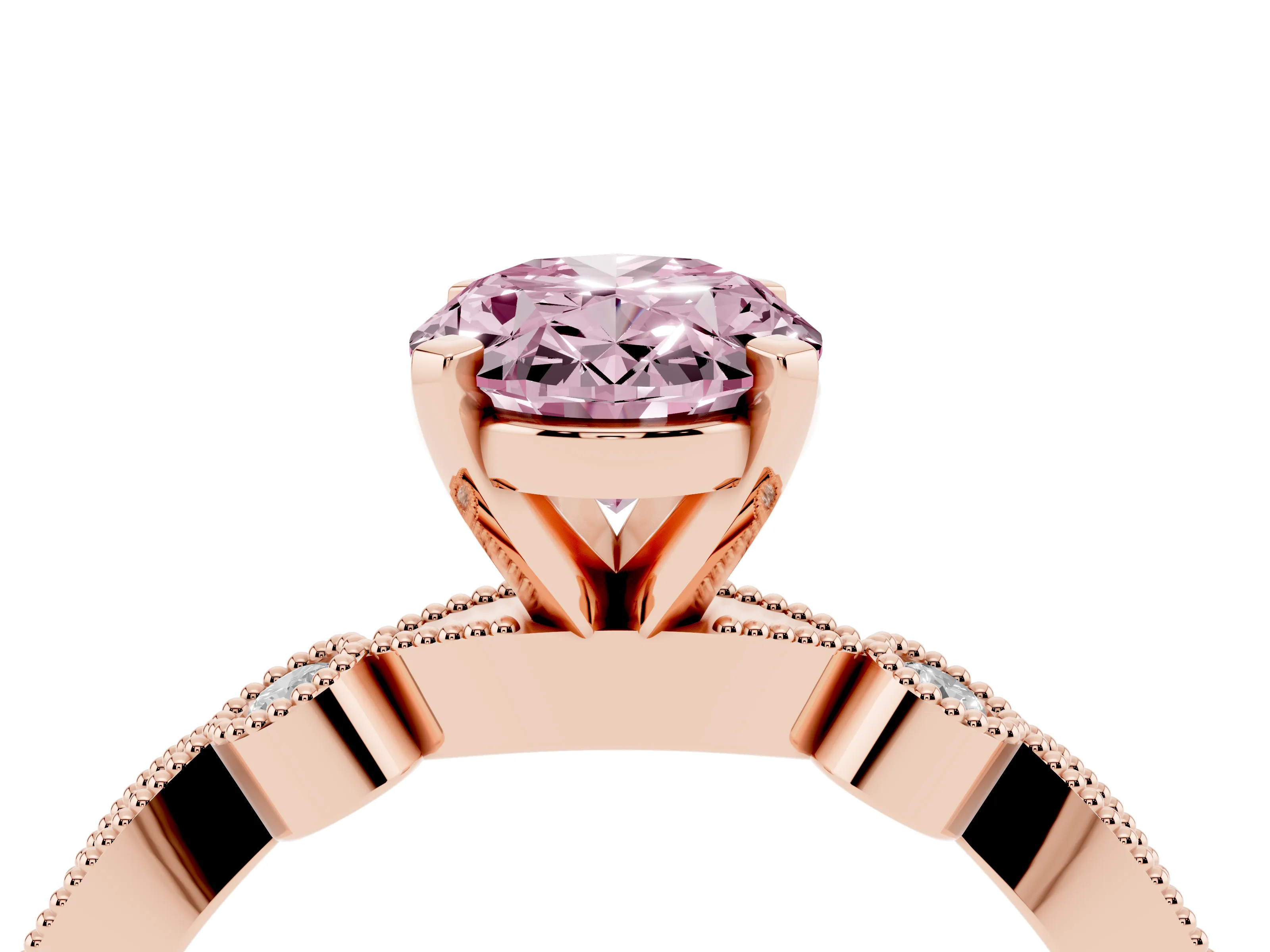 Fancy Pink Oval Cut Diamond Solitaire Engagement Ring Set in Rose gold with Milgrain Bezel Accent Band
