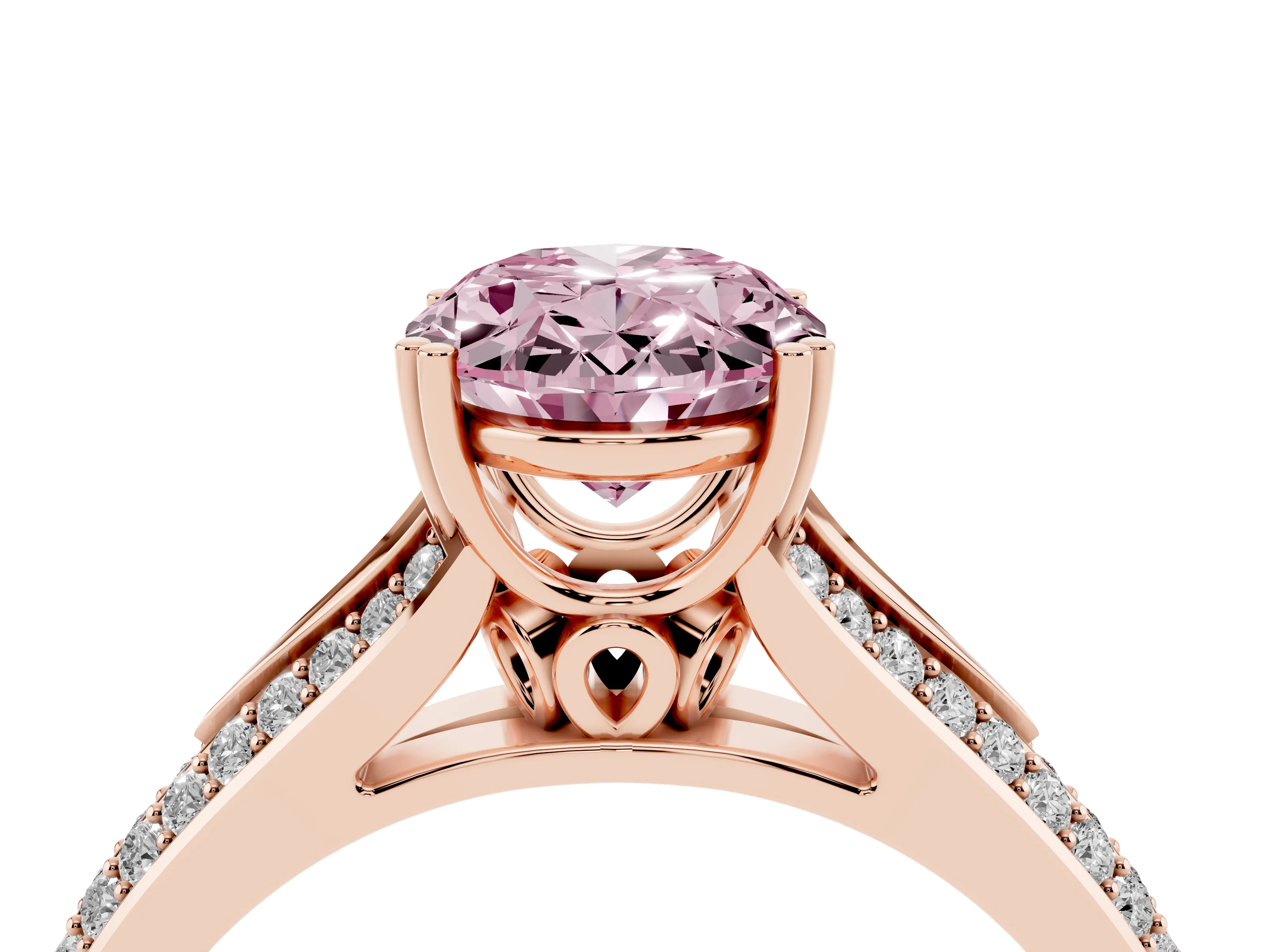 Fancy Pink Oval Cut Diamond Split Shank Pavé Engagement Ring Set in Rose gold with Prong-Set Center Stone