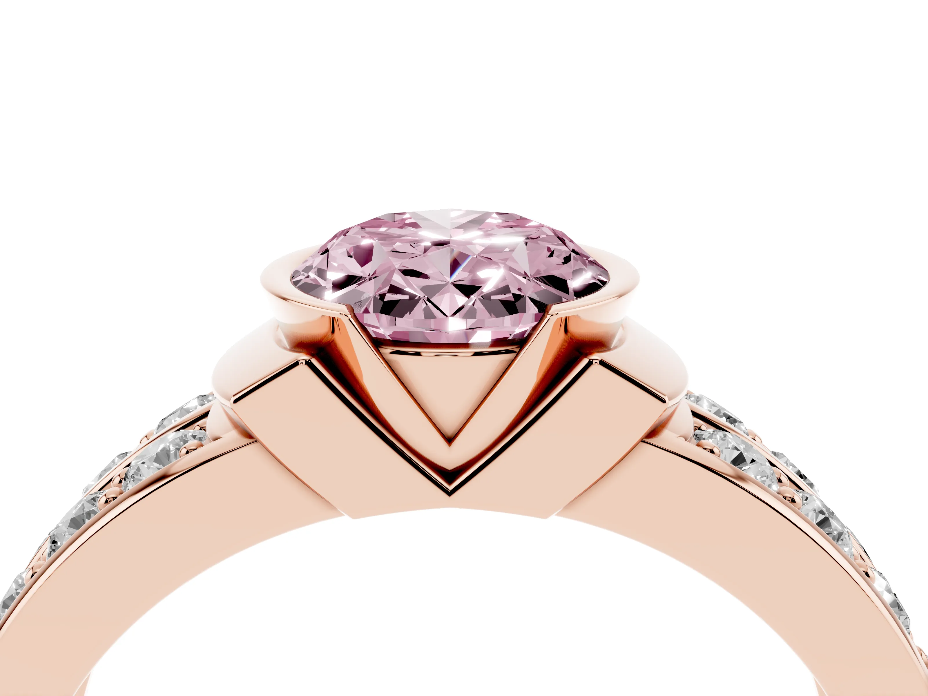 Fancy Pink Oval Cut Diamond Wide Channel Set Band Ring Set in Rose gold with Bezel Setting