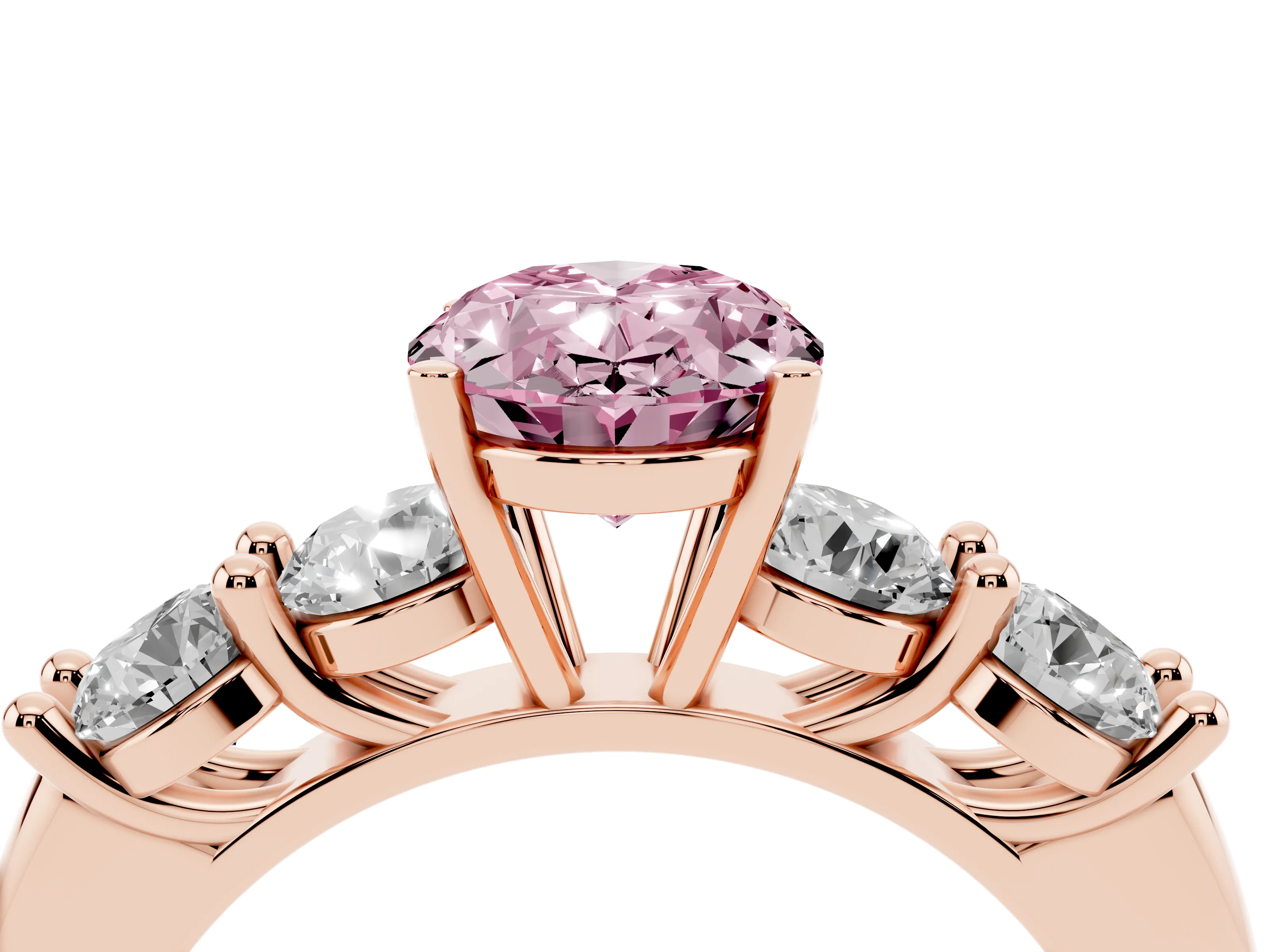 Fancy Pink Oval Cut Diamond Five-Stone Prong Set Ring Set in Rose gold with Classic Band