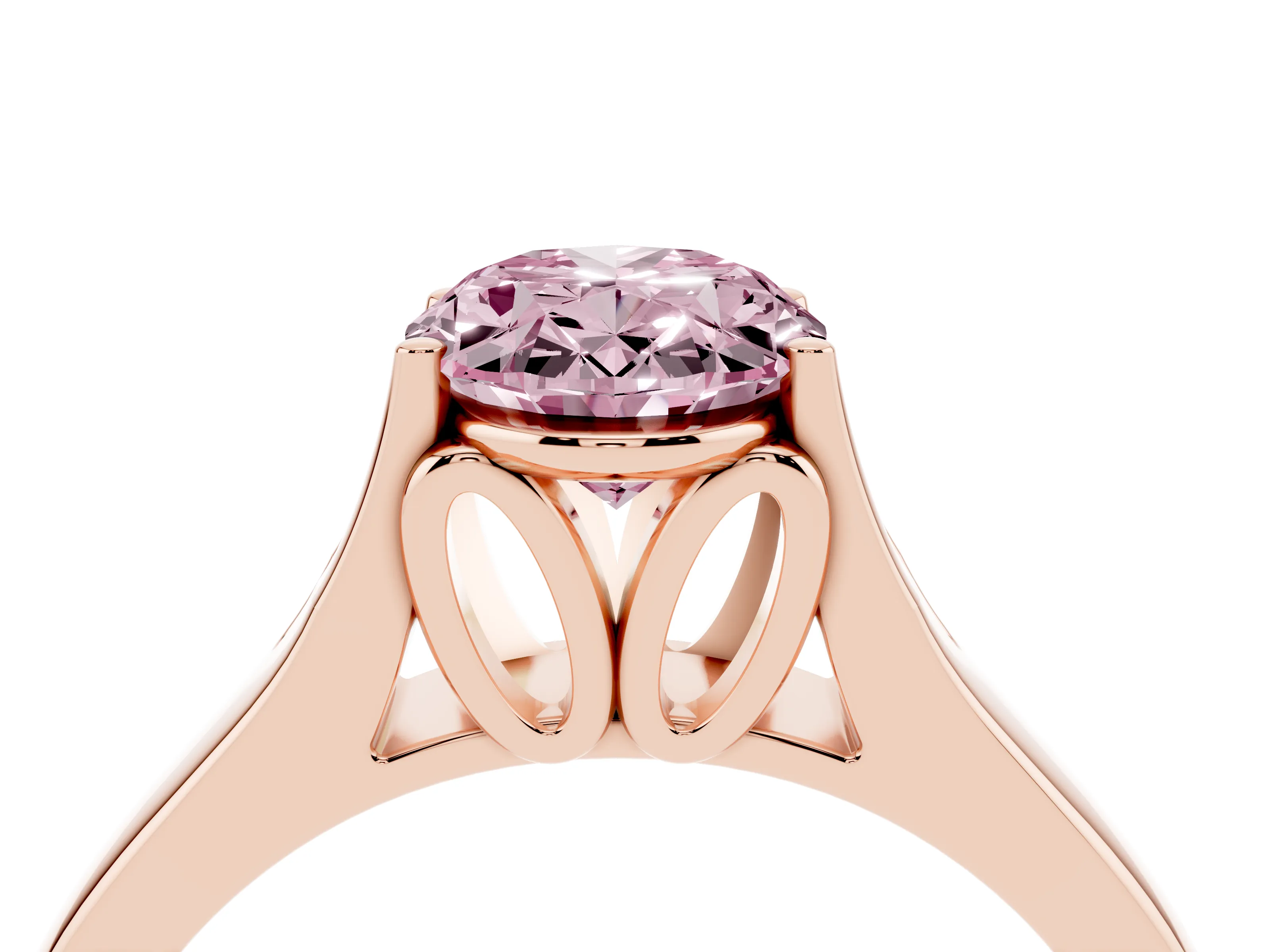 Fancy Pink Oval Cut Diamond Solitaire Ring Set in Rose gold with Arched Cathedral Band and Prong Setting
