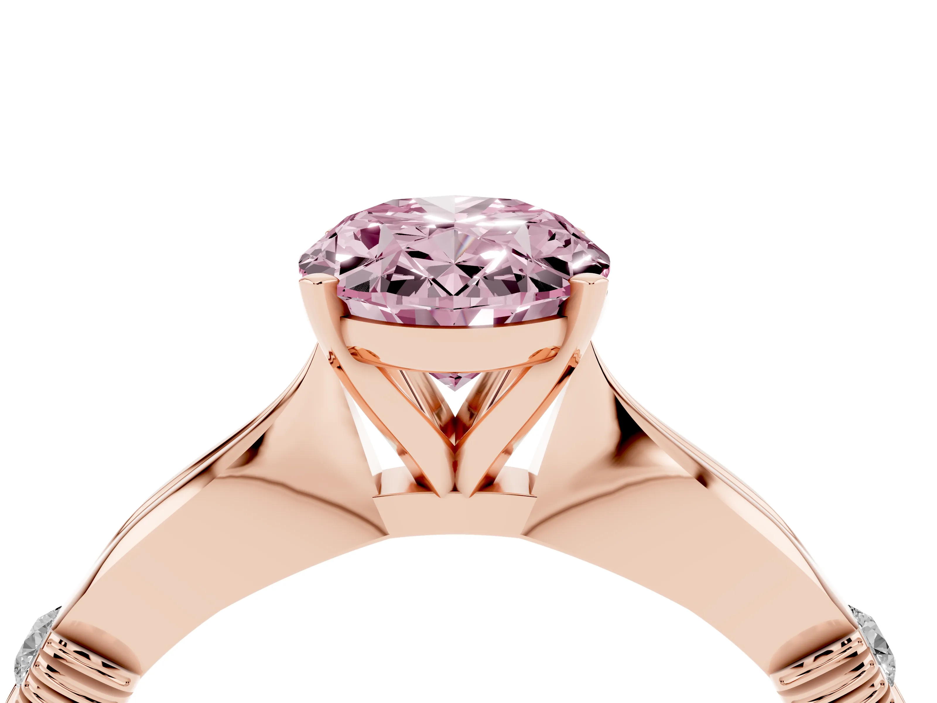 Fancy Pink Oval Cut Diamond Solitaire Twisted Band Ring Set in Rose gold with Accent Stones and Prong Setting