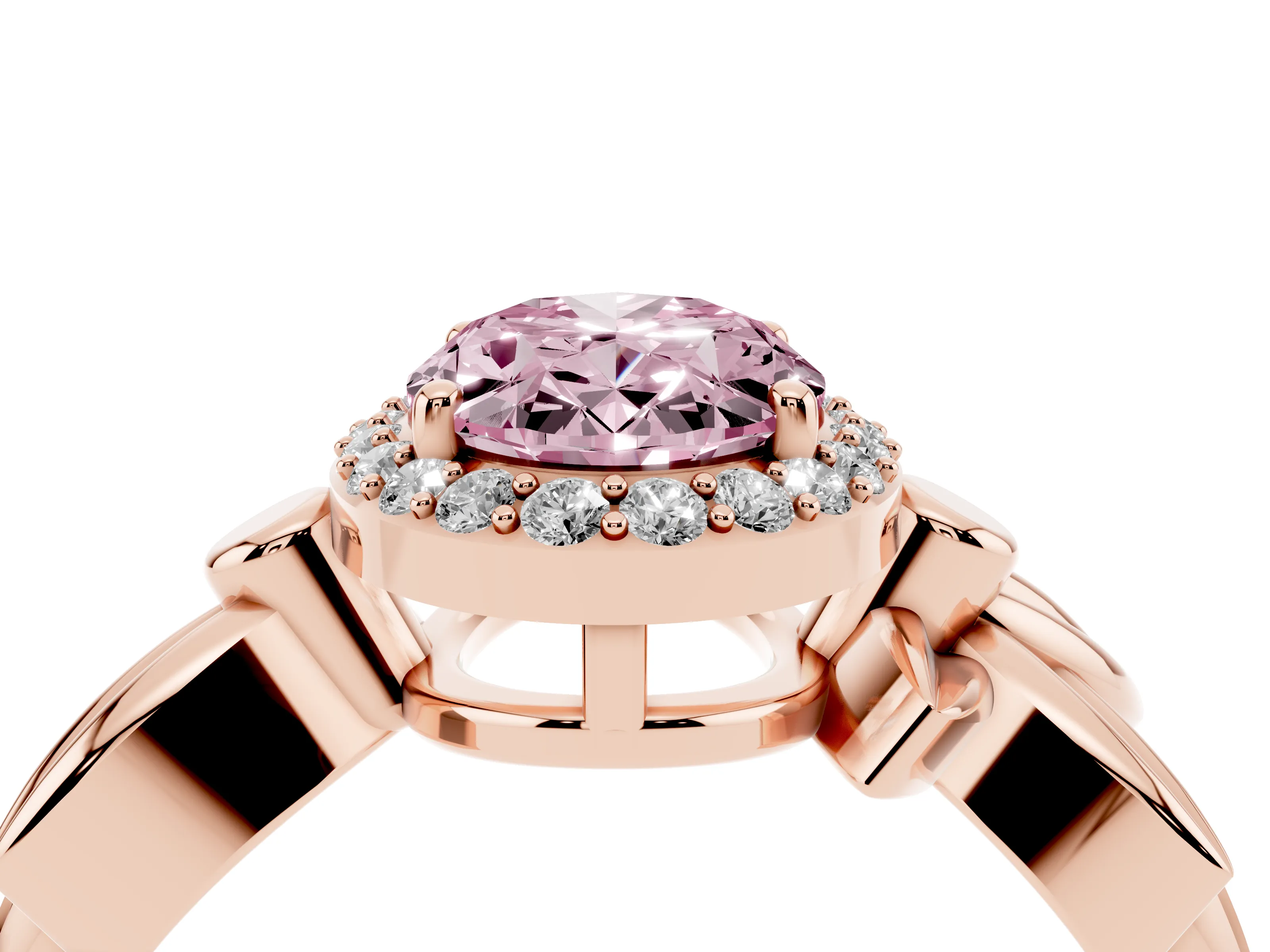 Fancy Pink Oval Cut Diamond Halo Floral Band Ring Set in Rose gold with Prong Setting