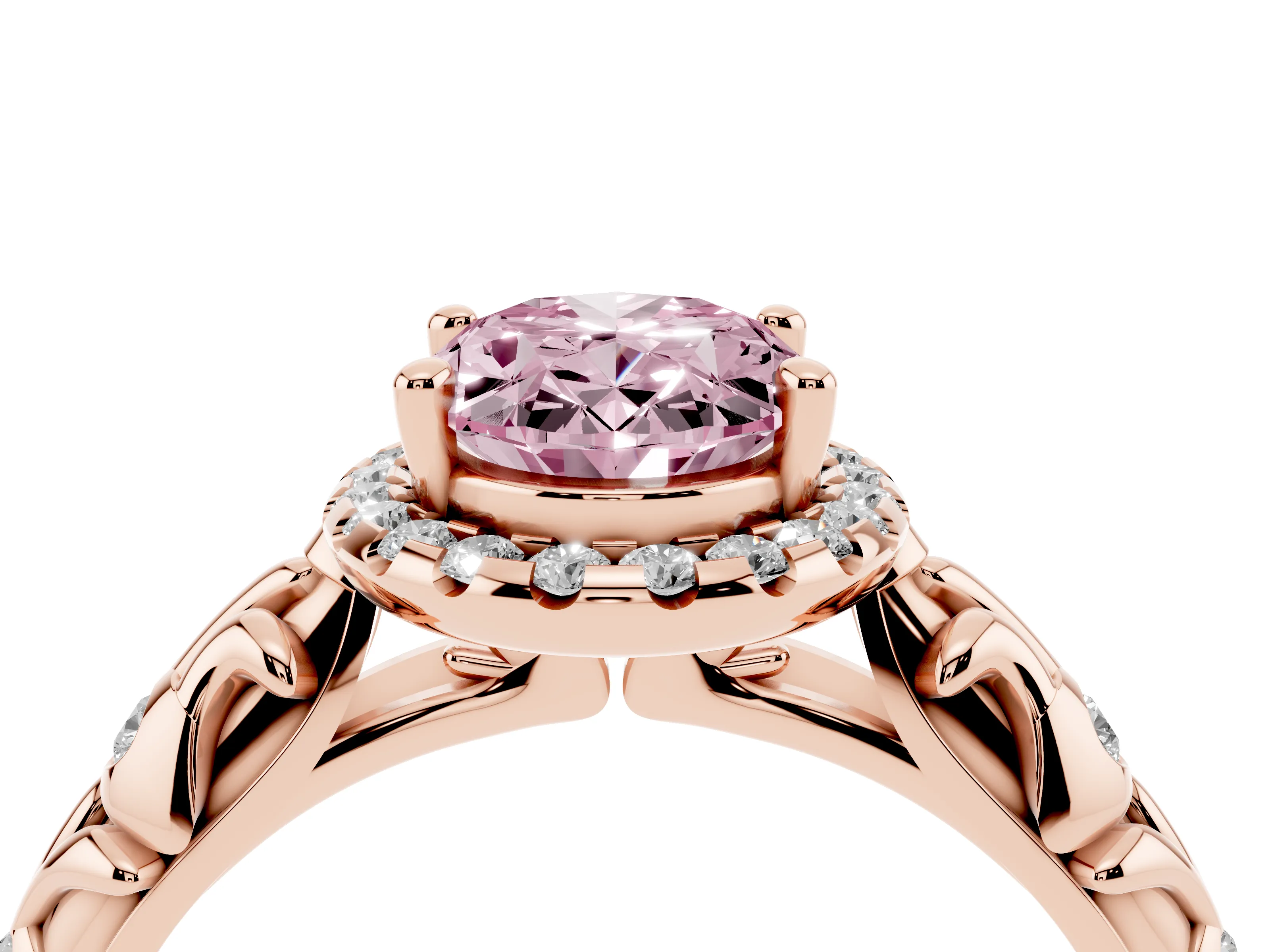 Fancy Pink Oval Cut Diamond Halo Ring Set in Rose gold with Filigree Leaf Band and Prong Setting