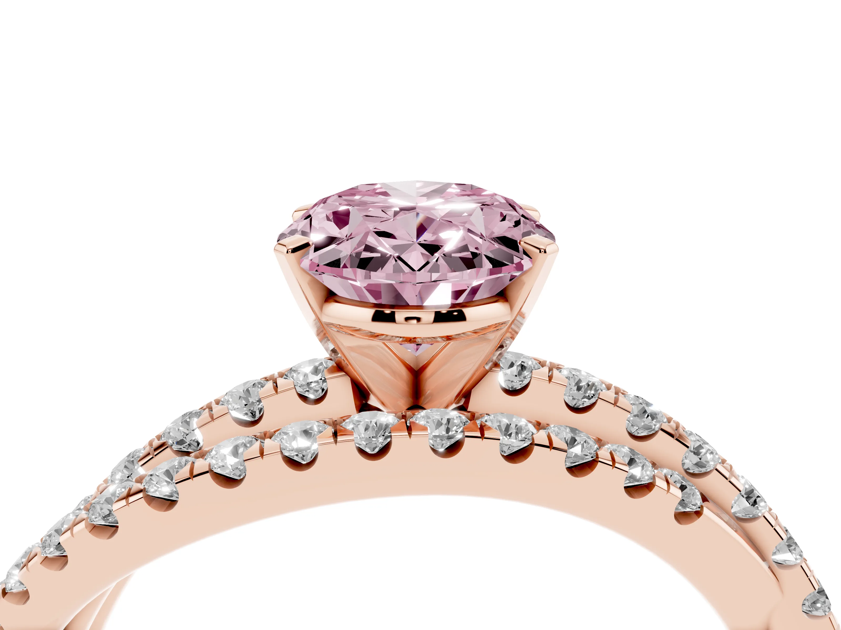 Fancy Pink Oval Cut Diamond Solitaire Twist Band Ring Set in Rose gold with Pavé Setting and Prong Head