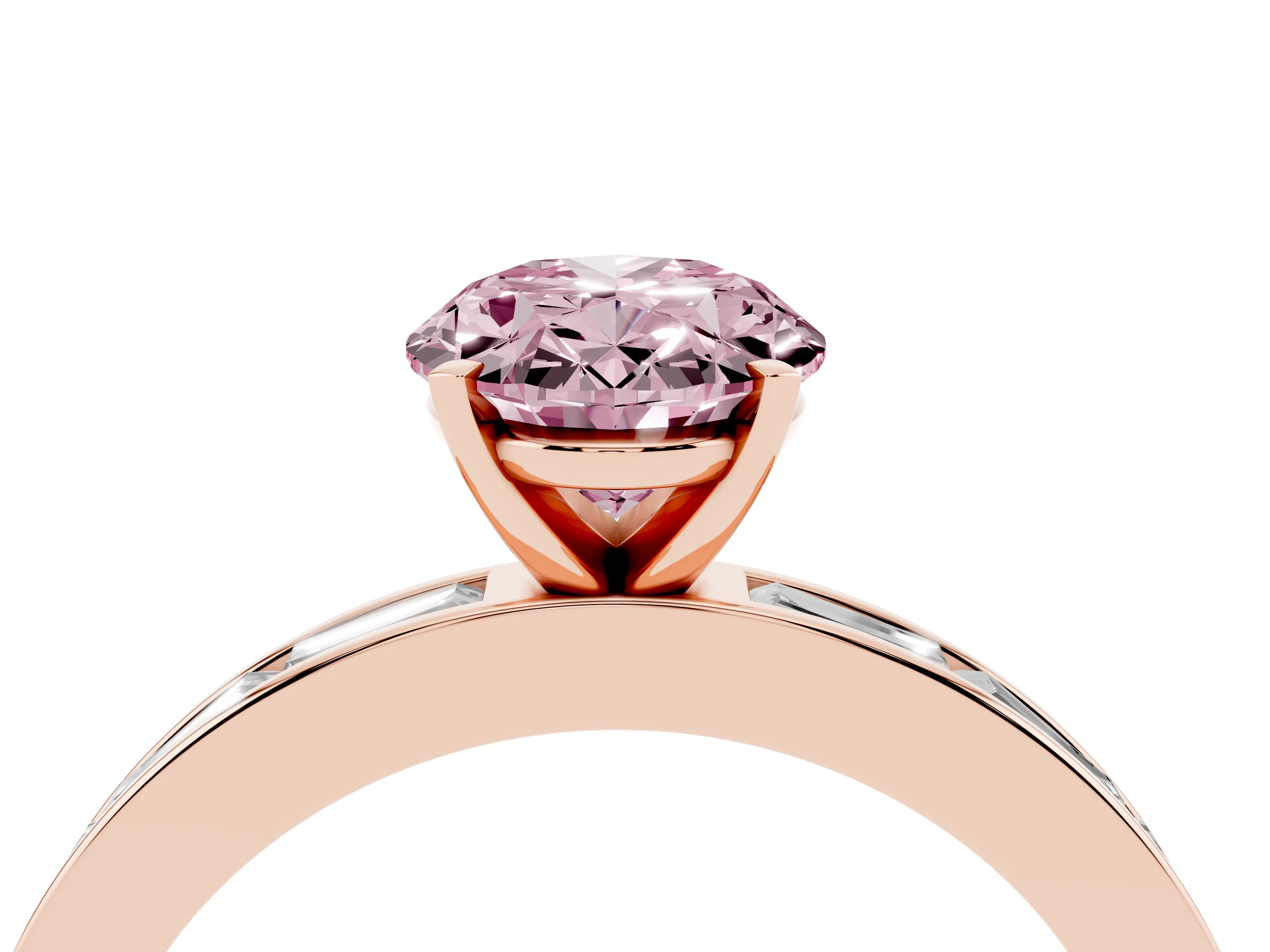 Fancy Pink Oval Cut Diamond Solitaire Ring Set in Rose gold with Channel-Set Baguette Band and Prong Setting