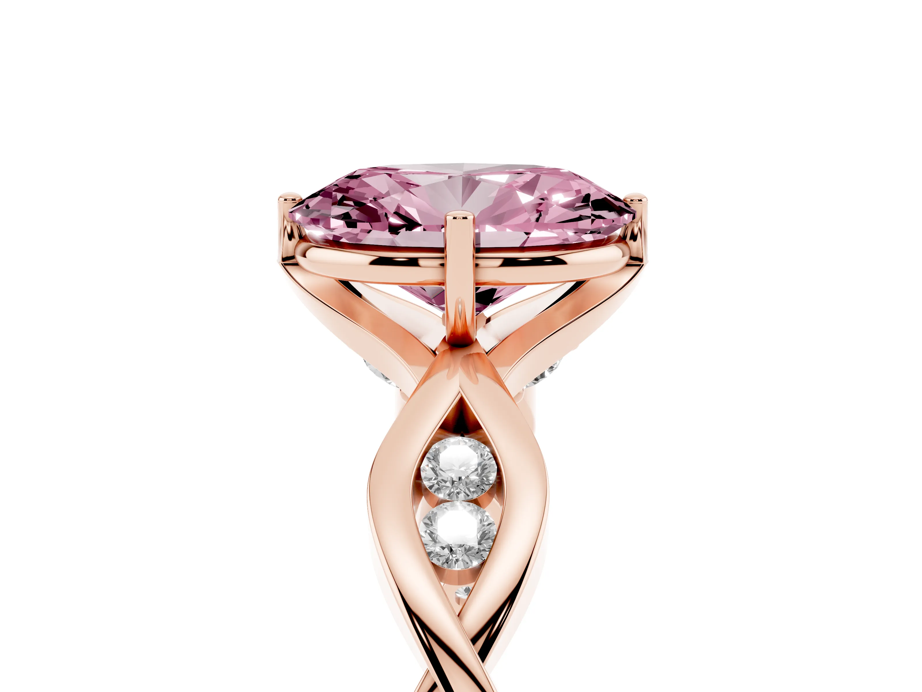Fancy Pink Oval Cut Diamond Twist Band Solitaire Ring Set in Rose gold with Leaf Prong Setting and Accent Stones