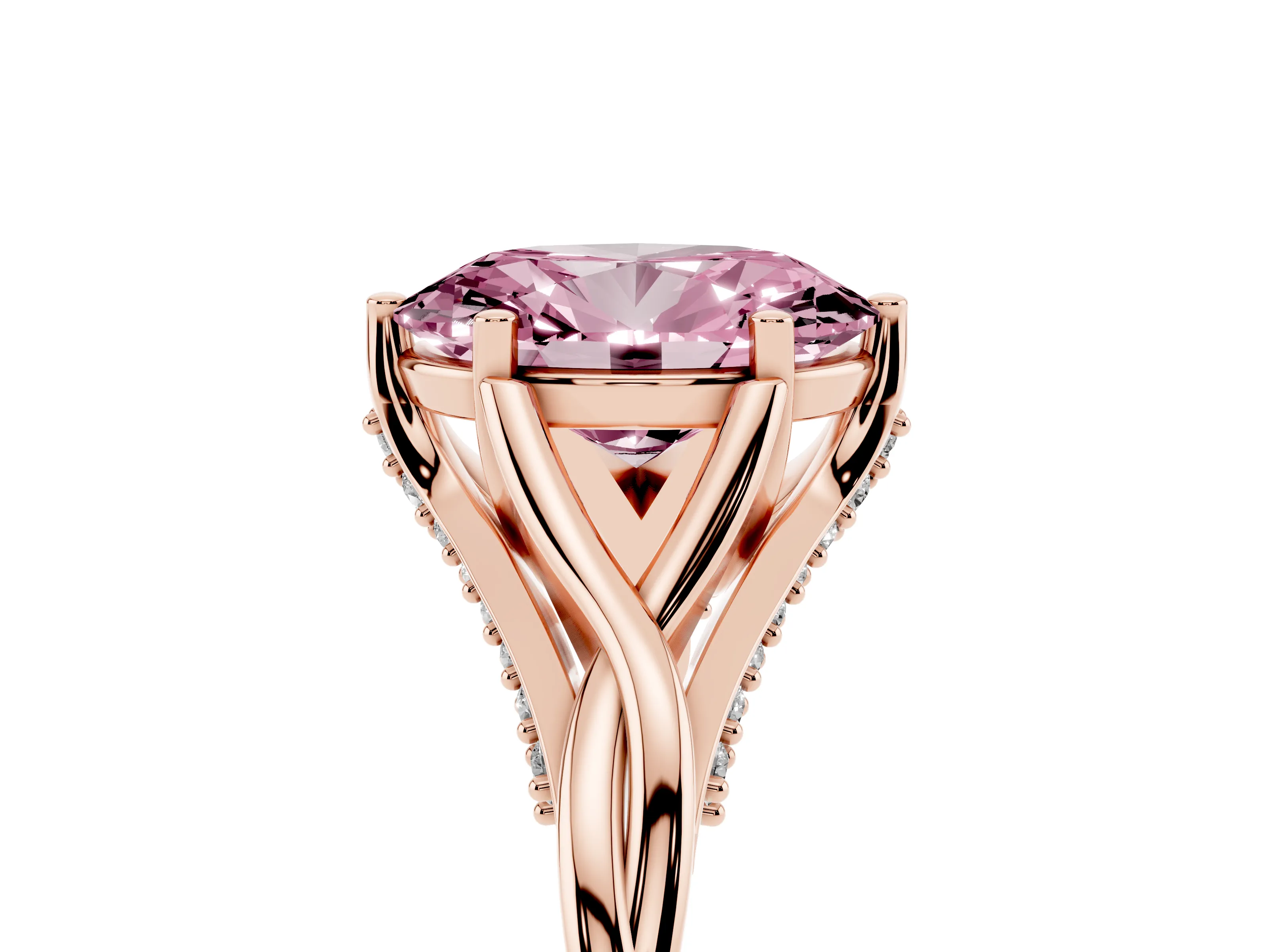 Fancy Pink Oval Cut Diamond Intertwined Twist Band Solitaire Ring Set in Rose gold with Prong Setting