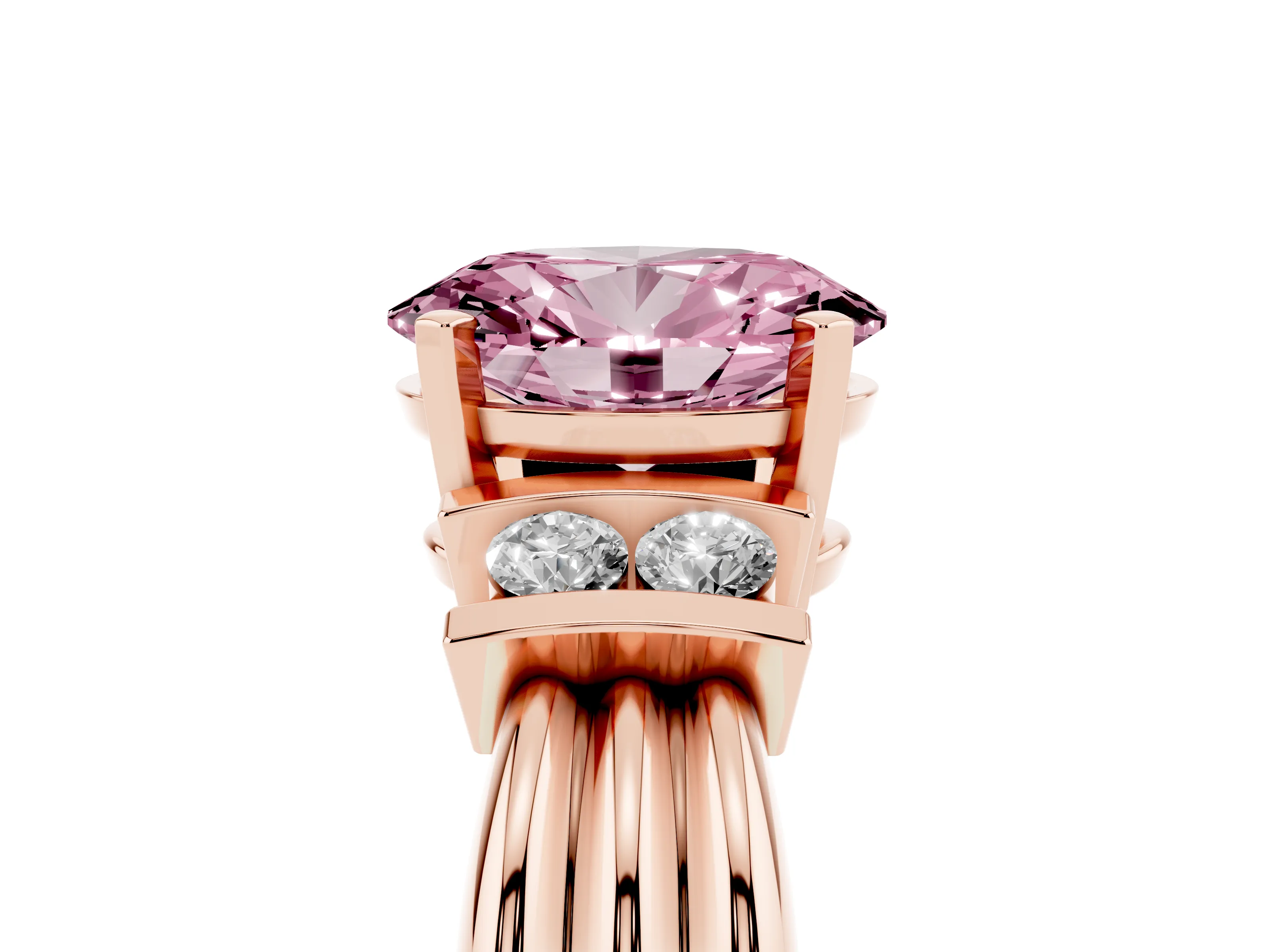 Fancy Pink Three-Stone Oval Cut Diamond Channel Set Ring Set in Rose gold with Bar Prongs