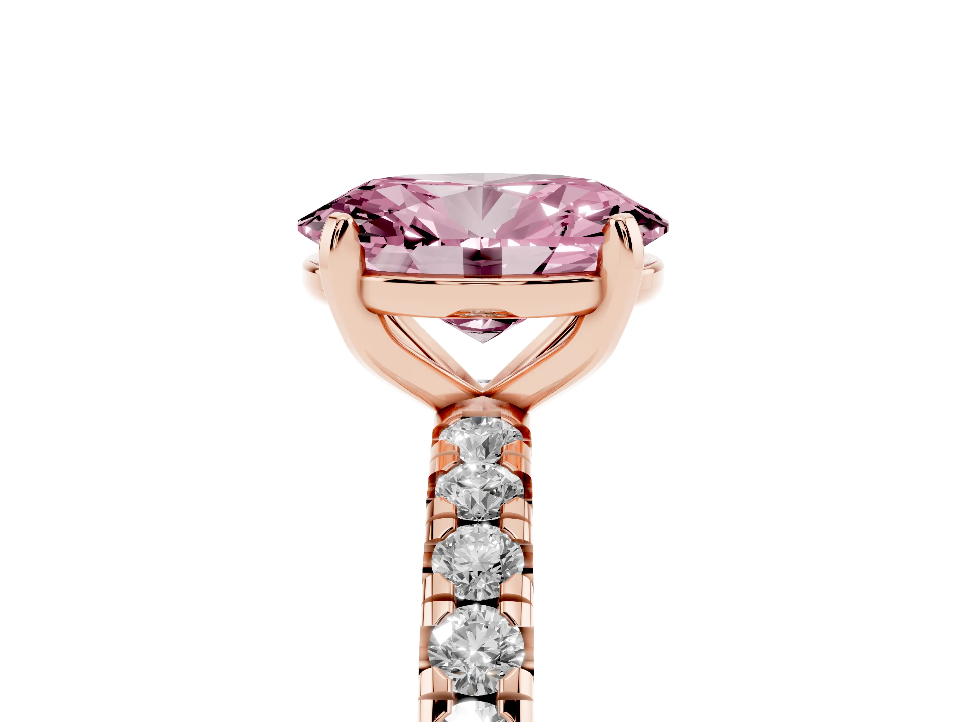 Fancy Pink Oval Cut Diamond Pavé Solitaire Ring Set in Rose gold with Round Band and Prong Setting