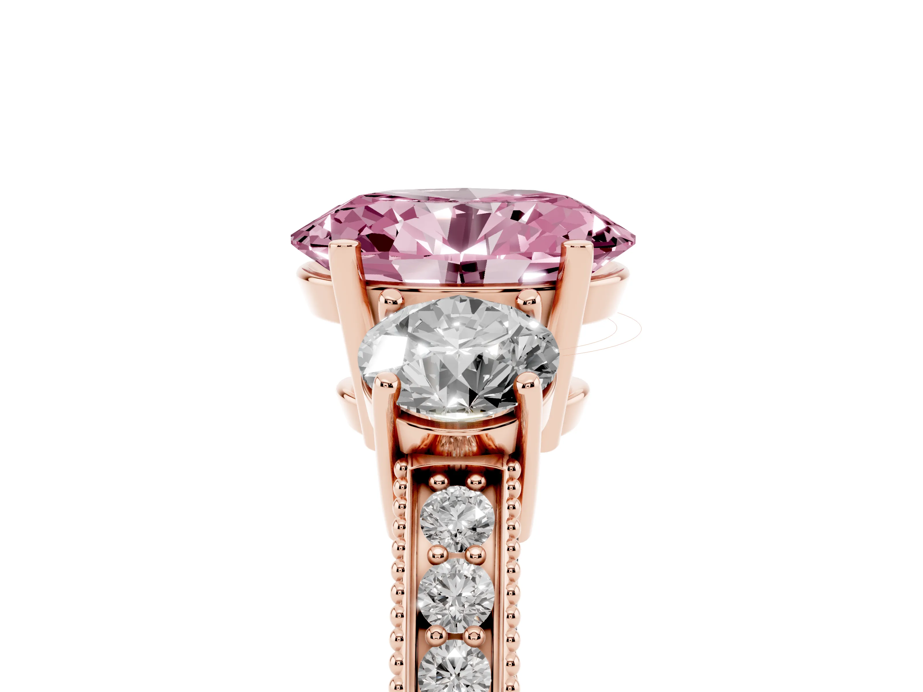 Fancy Pink Oval Cut Diamond Three-Stone Ring Set in Rose gold with Round Side Stones and Pavé Band