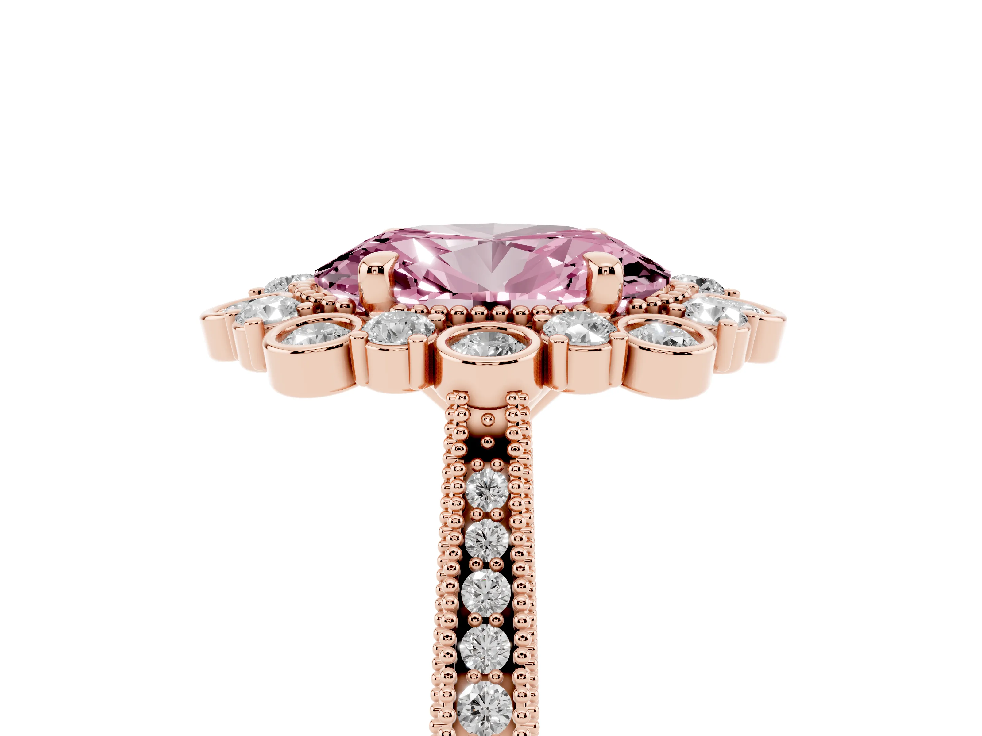 Fancy Pink Oval Cut Diamond Halo Milgrain Pavé Ring Set in Rose gold with Prong Setting
