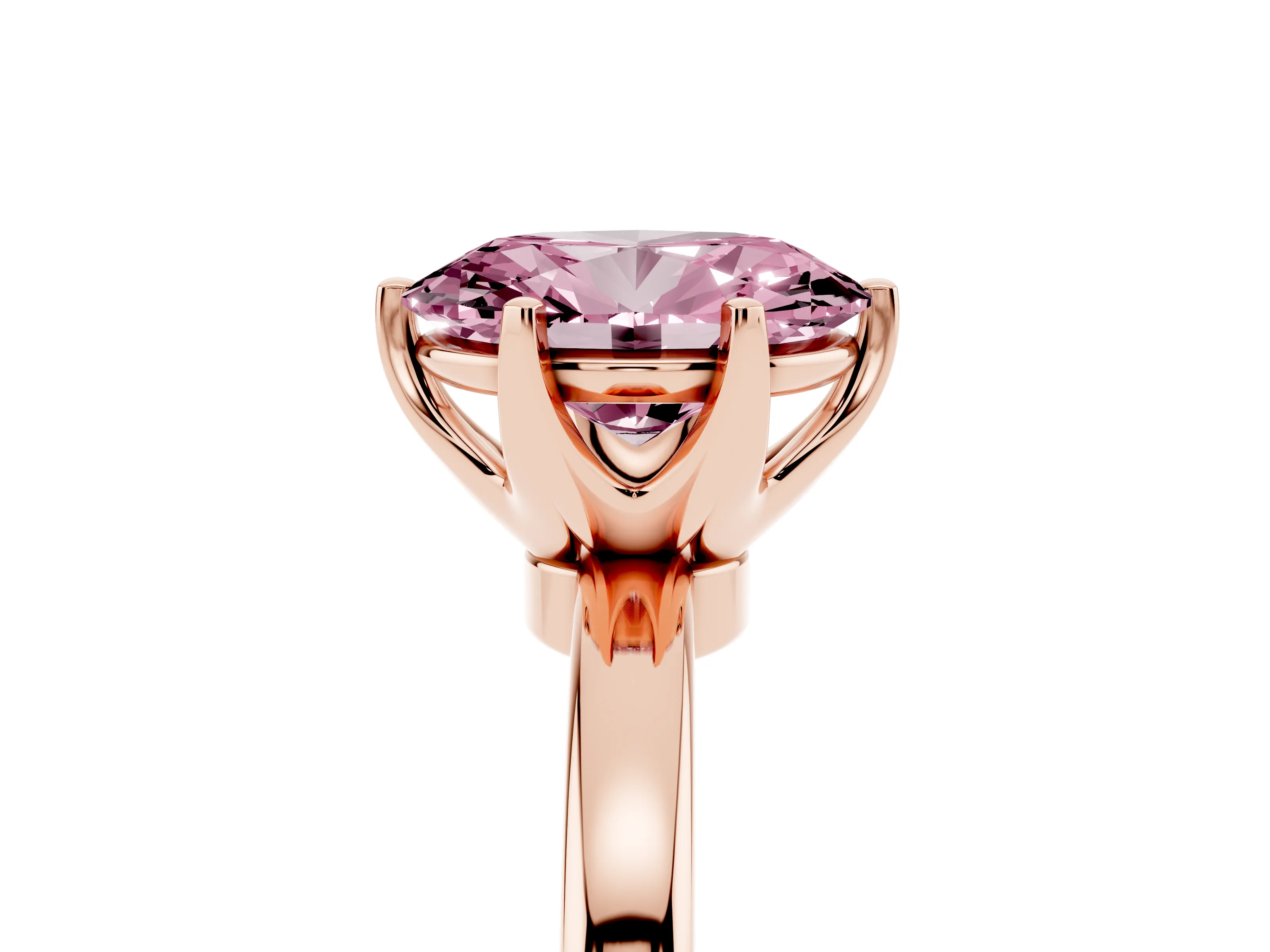 Fancy Pink Oval Cut Diamond Solitaire Ring Set in Rose gold with Raised Prong Setting on a Classic Band